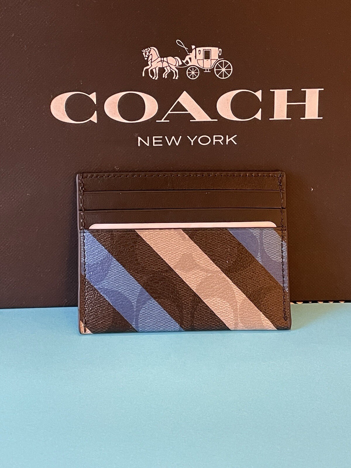 NWT Coach Slim Card Case With Diagonal Stripe Print Blue/Multi