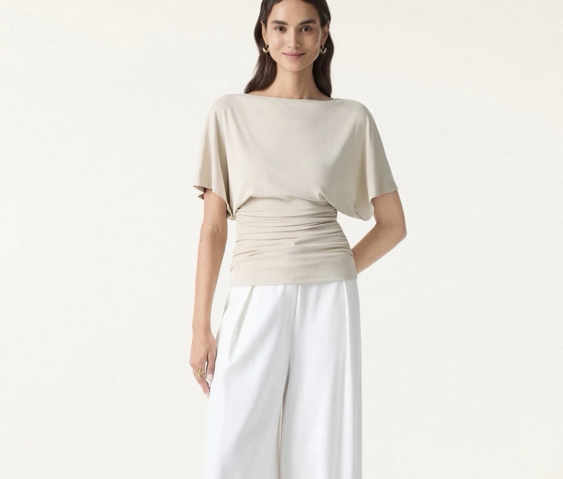 OGL Effortless Boatneck Batwing Sleeve Side Ruched Top,Morning Mist, NWT