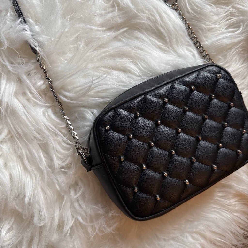 Rebecca Minkoff Black Small Quilted Studded Crossbody Bag Chain Strap Zip