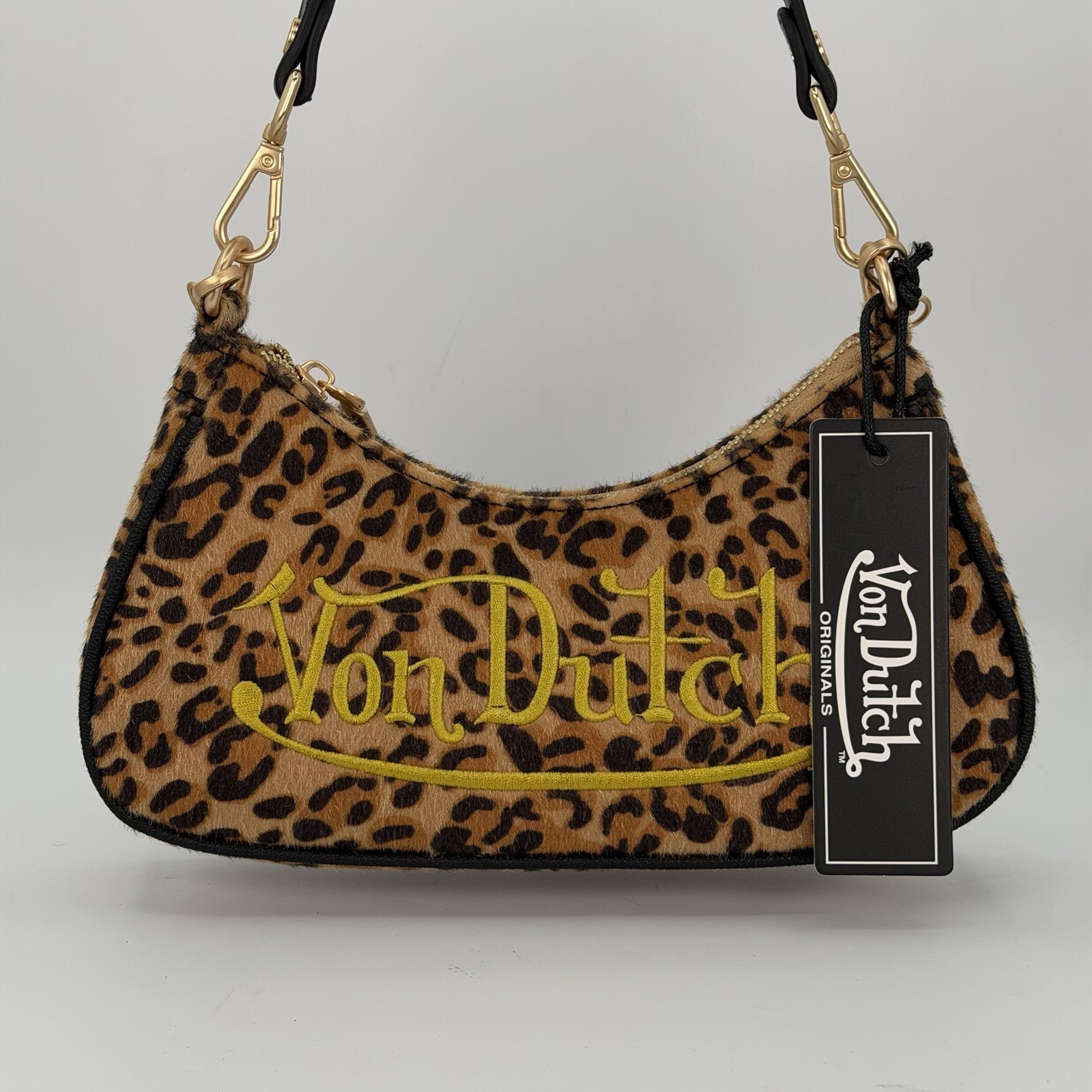 Von Dutch Crescent Shoulder Bag Leopard Print Brown & Black Gold Zip With Charm