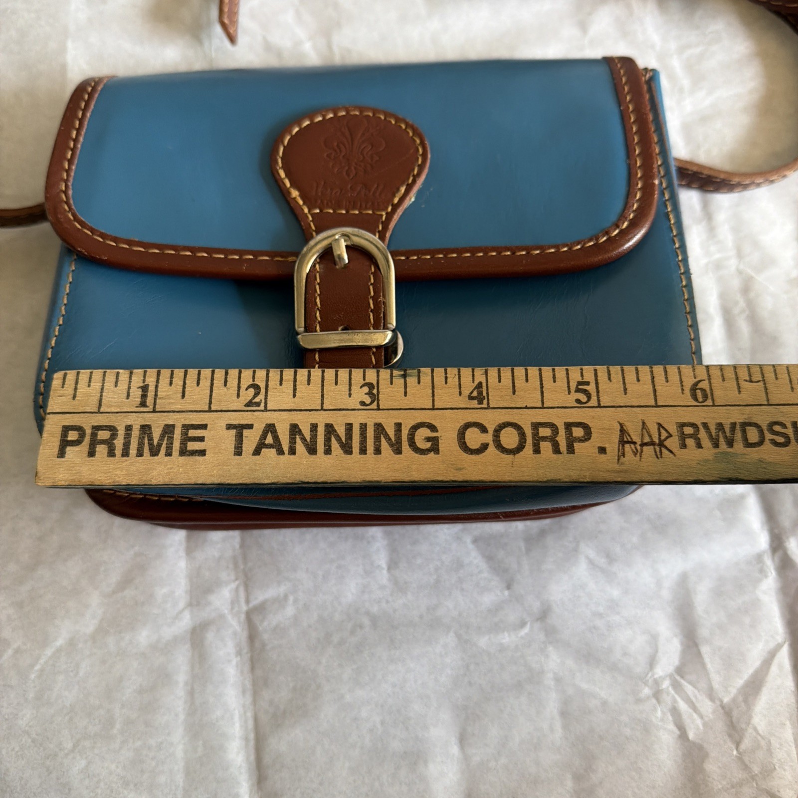 Vera Pelle Leather Crossbody Saddle Bag Genuine Italian Small Teal Blue/Brown