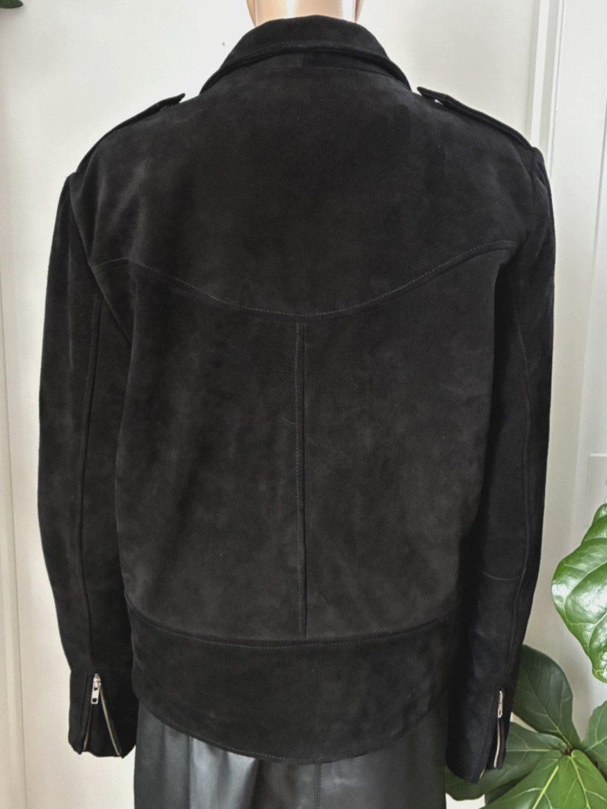 Rolla’s Black Suede Leather Moto Biker Jacket Size L Belted YKK Zip Lined