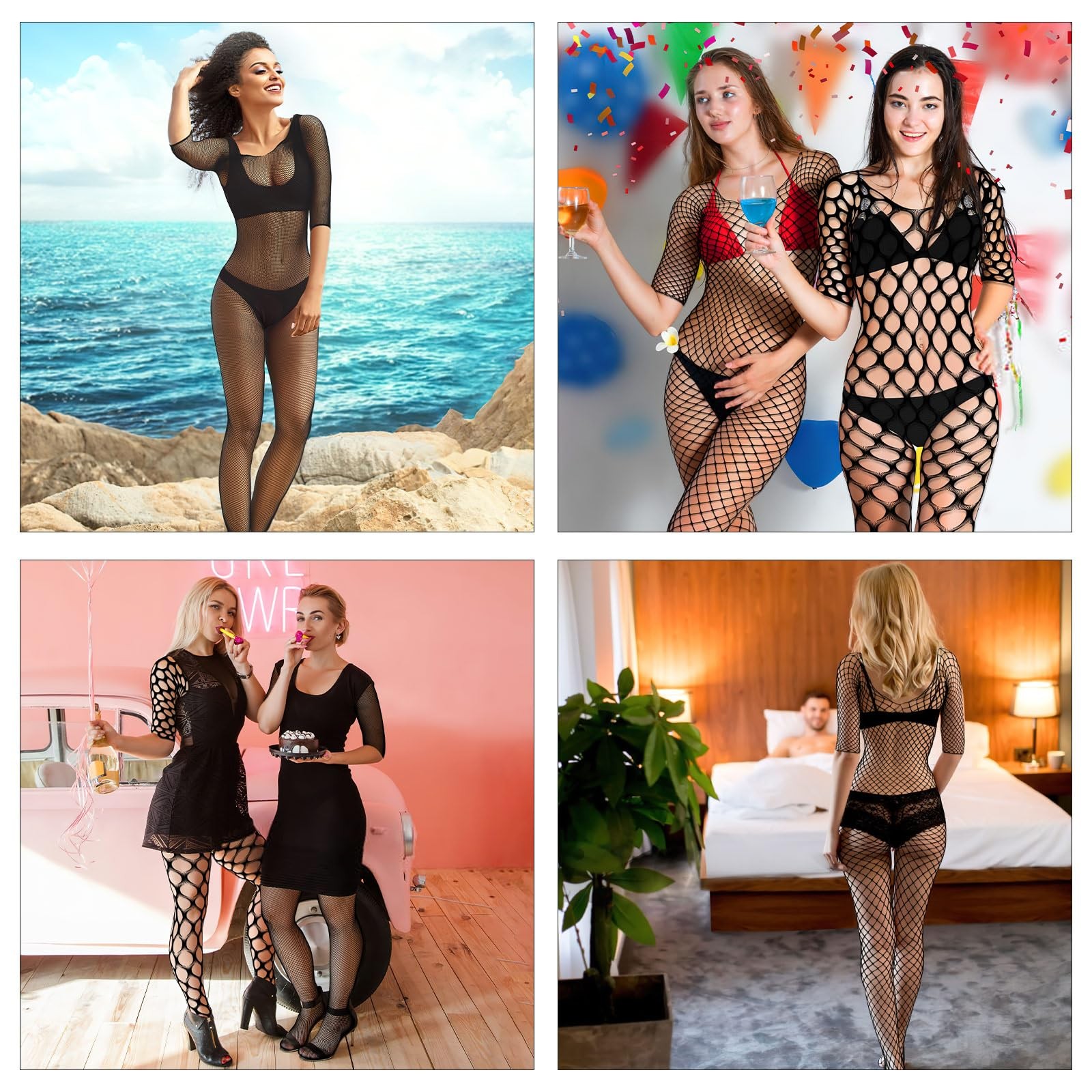3 Packs Women Fishnet Bodysuits Mesh Bodystocking Fishnet Lingerie Long Sleeve B