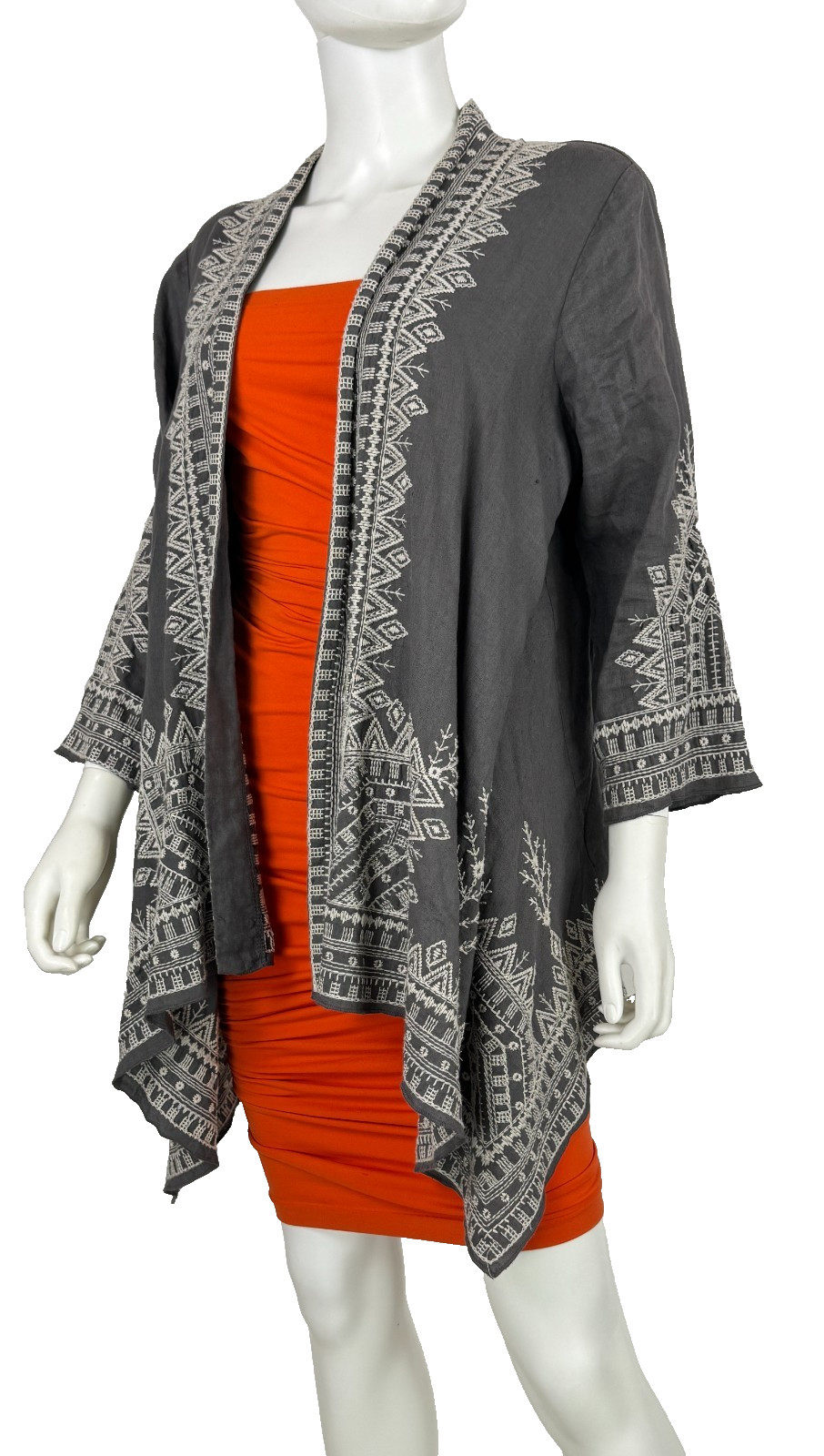 Johnny Was Gray 100% Linen Kimono Cardigan Top 8 10 US 44 46 IT M Embroidered
