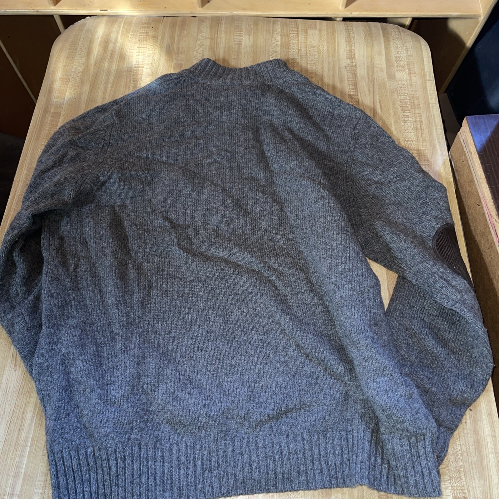 LL Bean 100% Shetland Wool Gray Sweater Mens XL Corduroy Elbow 1/4 Quarter Zip