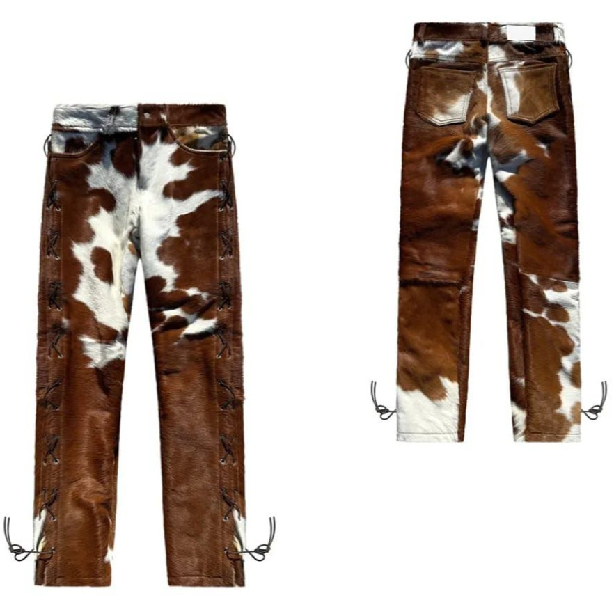Men’s Cowhide Leather Pants Full Side Laces Western Cowboy Biker Genuine Trouser