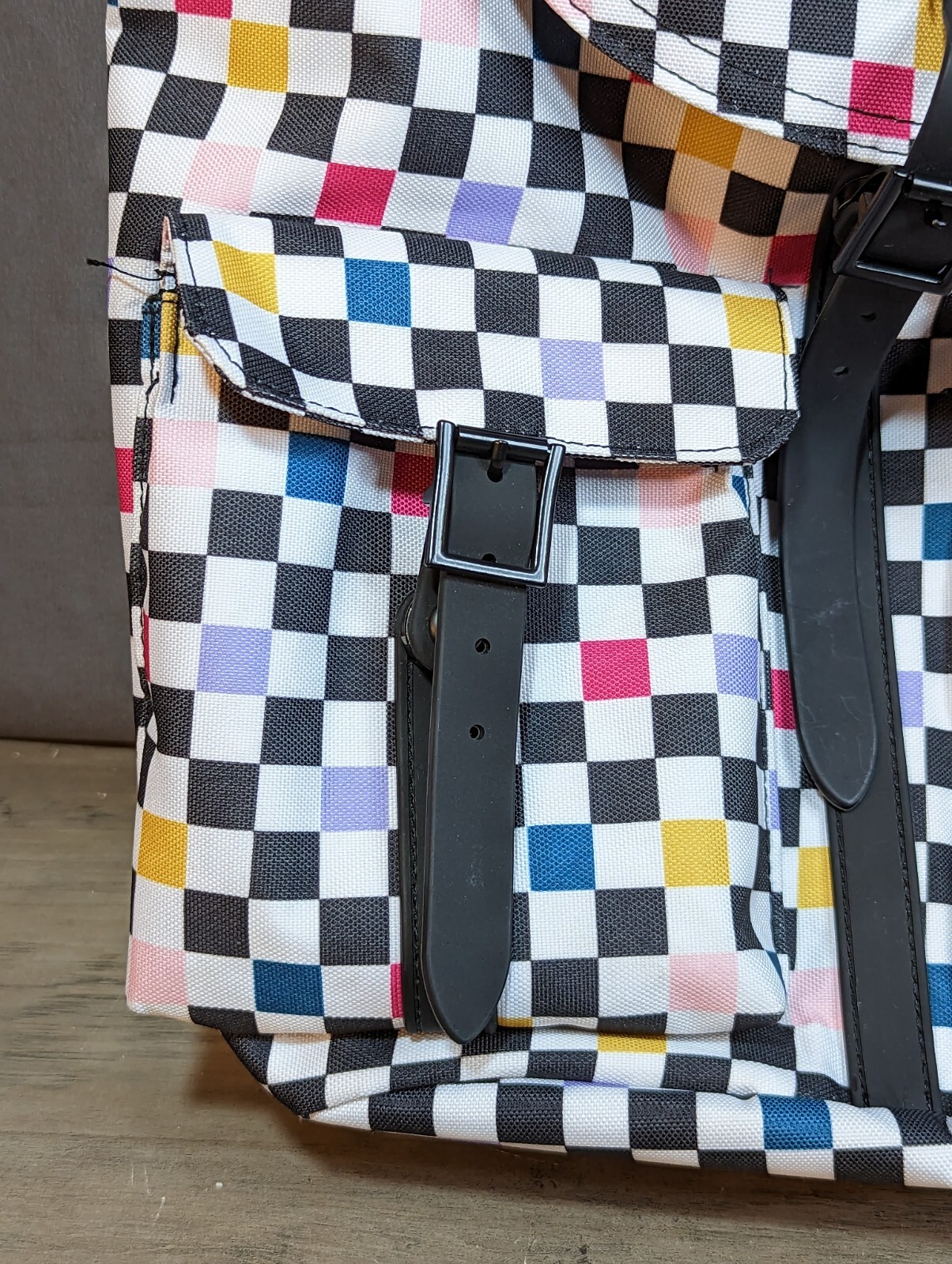 Checkered Drawstring Strap Cargo Two Pocket Backpack School Travel Book Bag