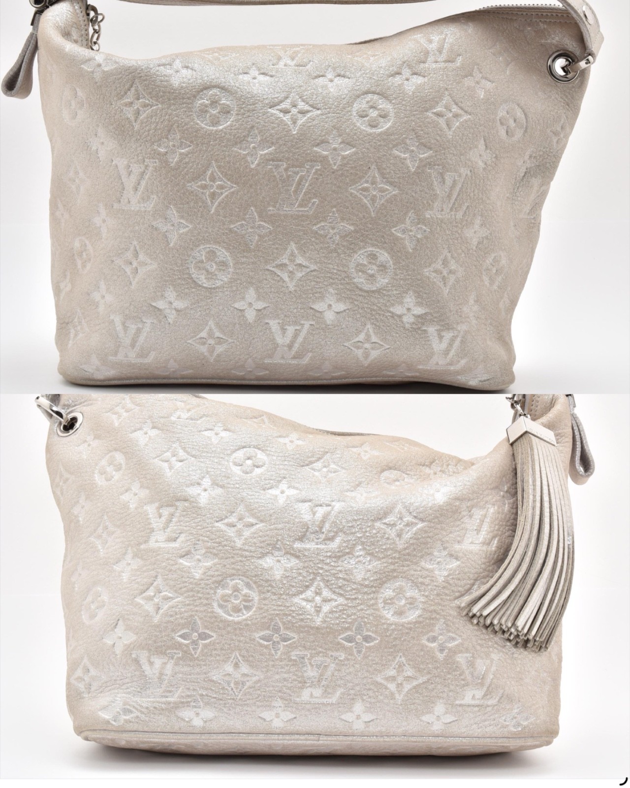 LOUIS VUITTON Shimmer Halo Silver Monogram Embossed Leather Hand Bag