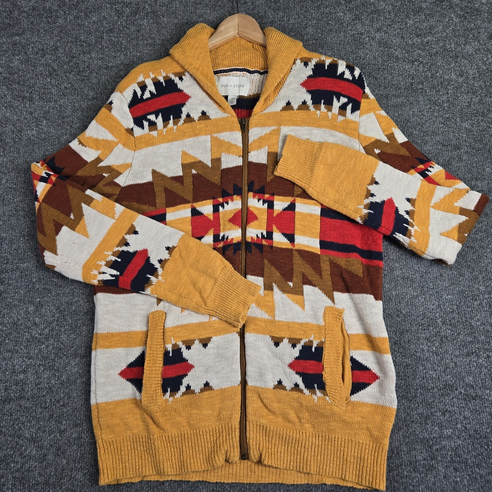 Sun + Stone Cardigan Sweater Mens M Southwestern Aztec Full Zip Cotton Shawl