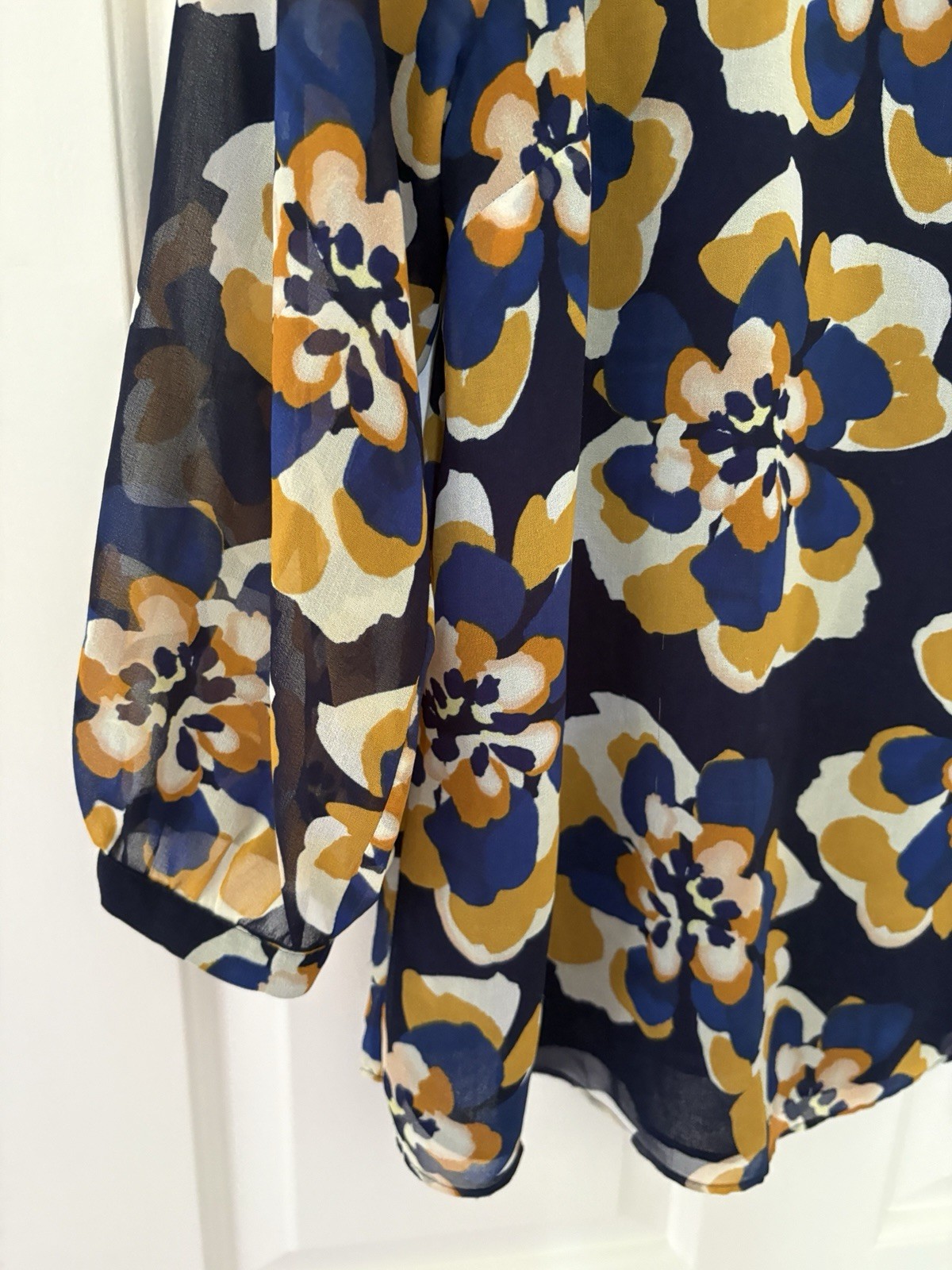 Cabi Navy Medium Floral Sheer Blouse – Blue & Mustard
