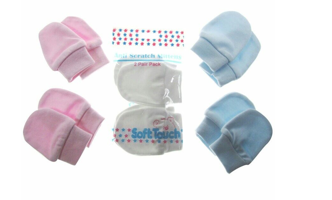 4 Pair Baby Scratch Mittens Mitts Pink Blue White Newborn 100% Cotton Soft Touch