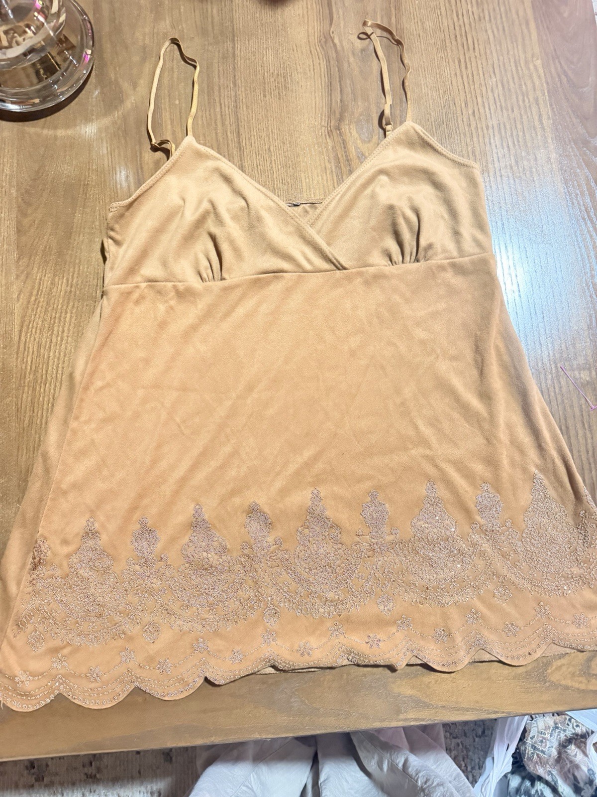 Y2K Glitter Embroidered Scalloped Hem Cami Tank Top Camisole Beige Tan