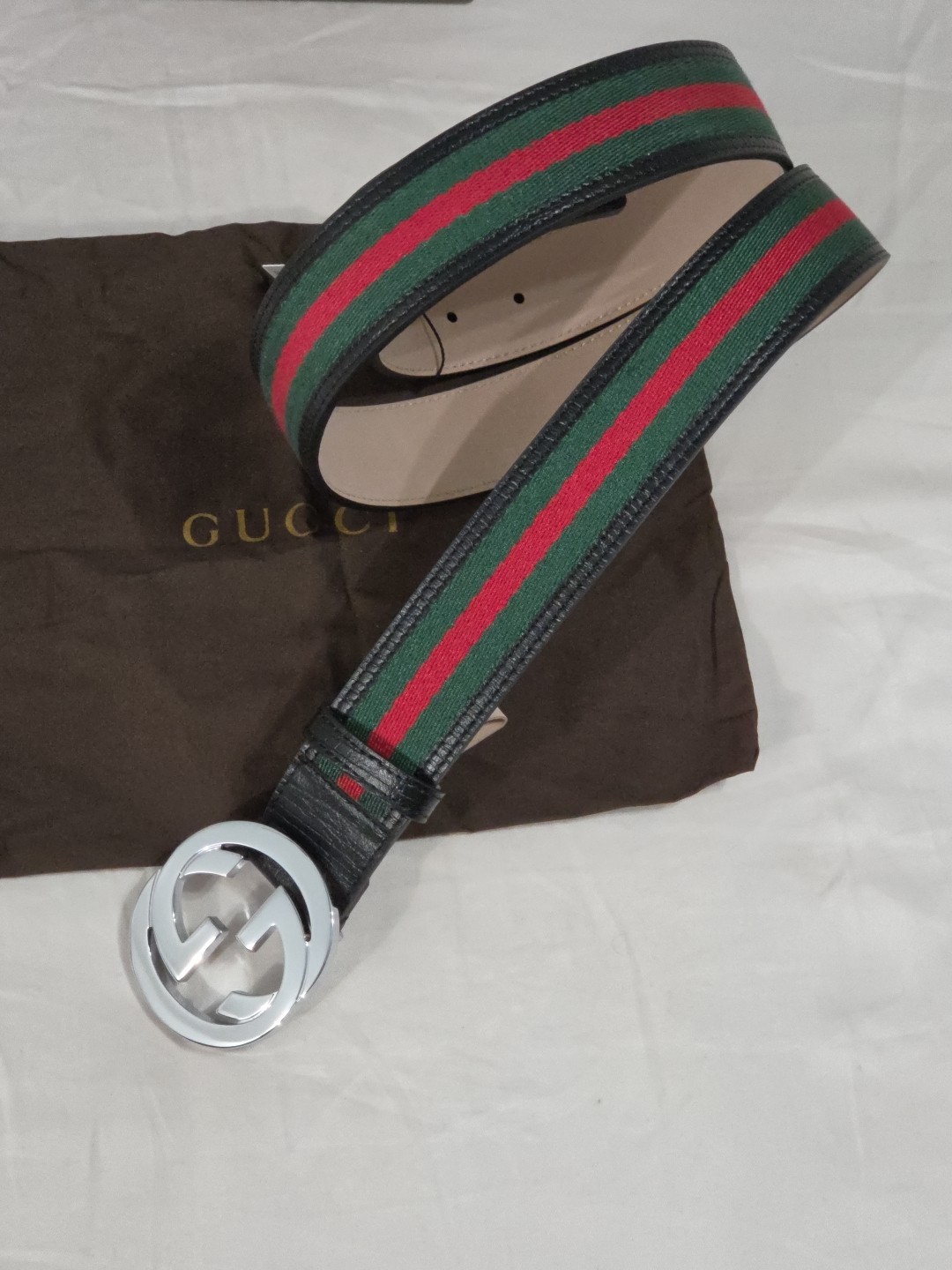 Gucci Black Green Red Striped Belt Size 38-40 IT 110CM Silver Buckle