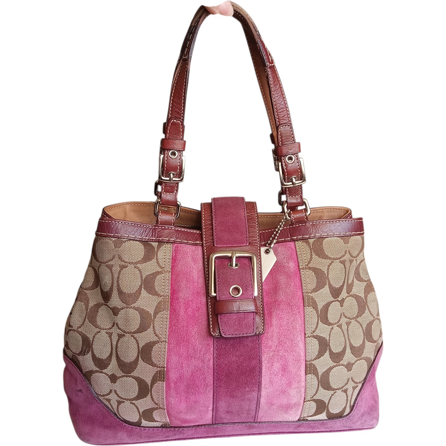 Y2K Coach Hamptons 7054 Pink Suede Signature Canvas Satchel Bag Vintage