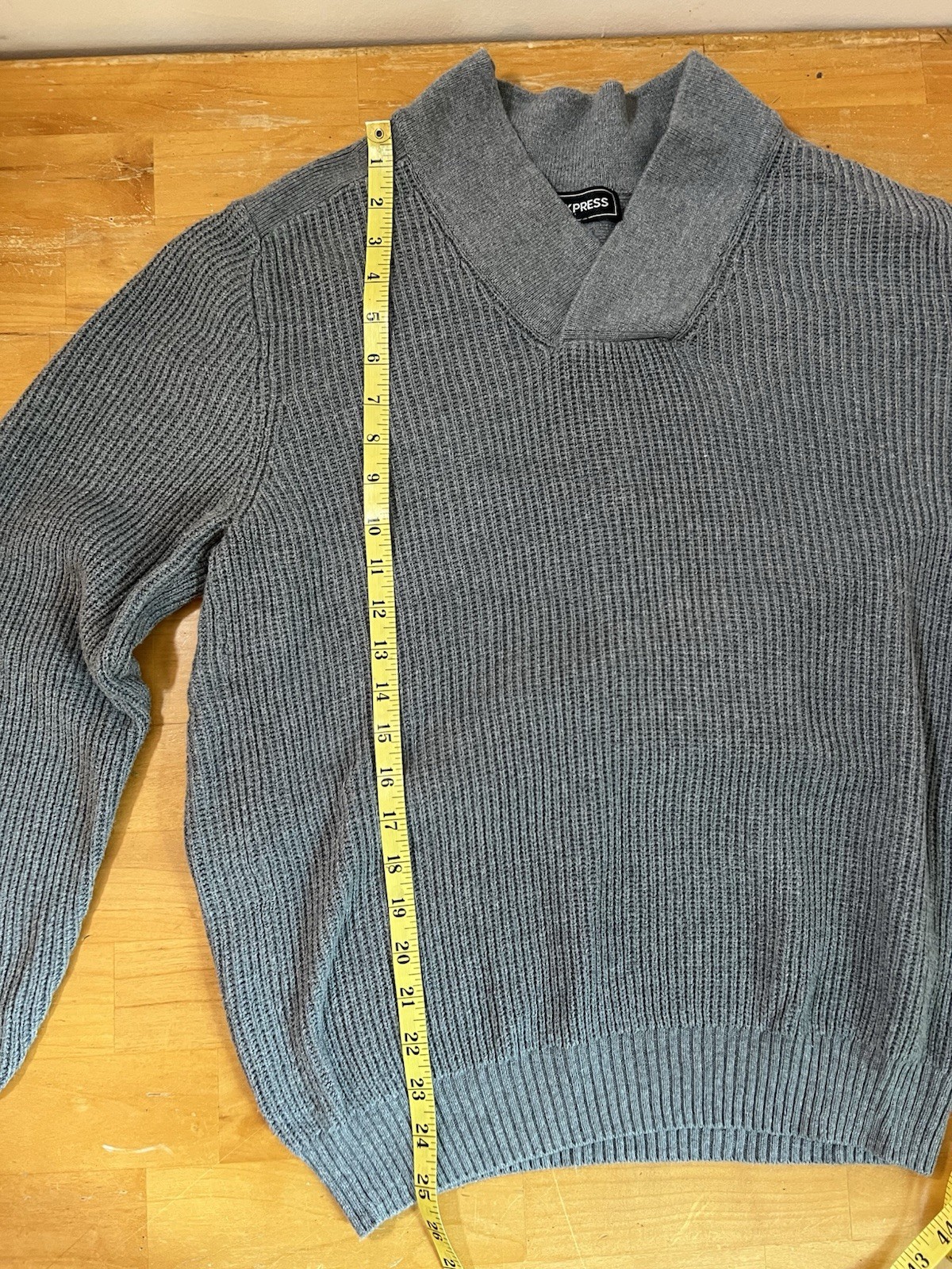 Express Mens Gray Shawl Collar Sweater 100% Cotton Ribbed Knit Pullover