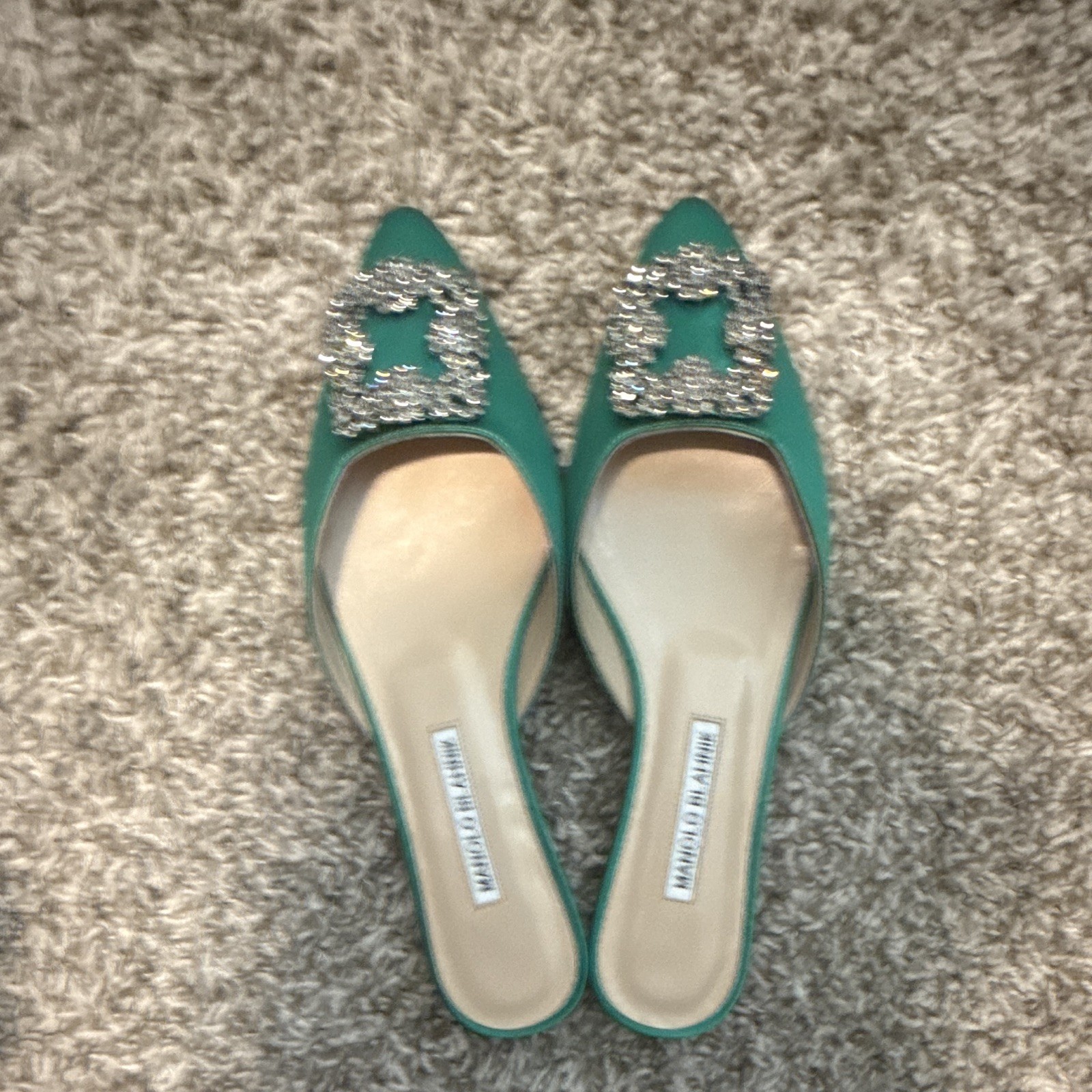 Manolo Blahnik Green Satin Rhinestone Pointed Toe Slip-On Mule Flats 6.5