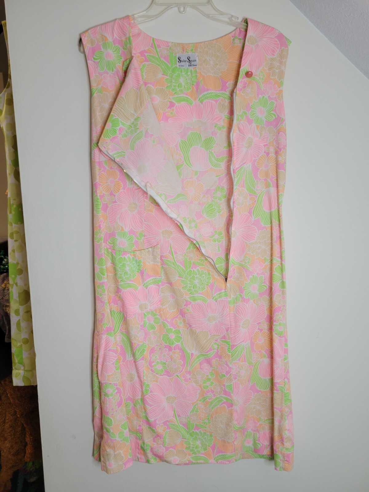 Vintage Shaker Square Neon Floral Zip Front A-Line Shift House Dress
