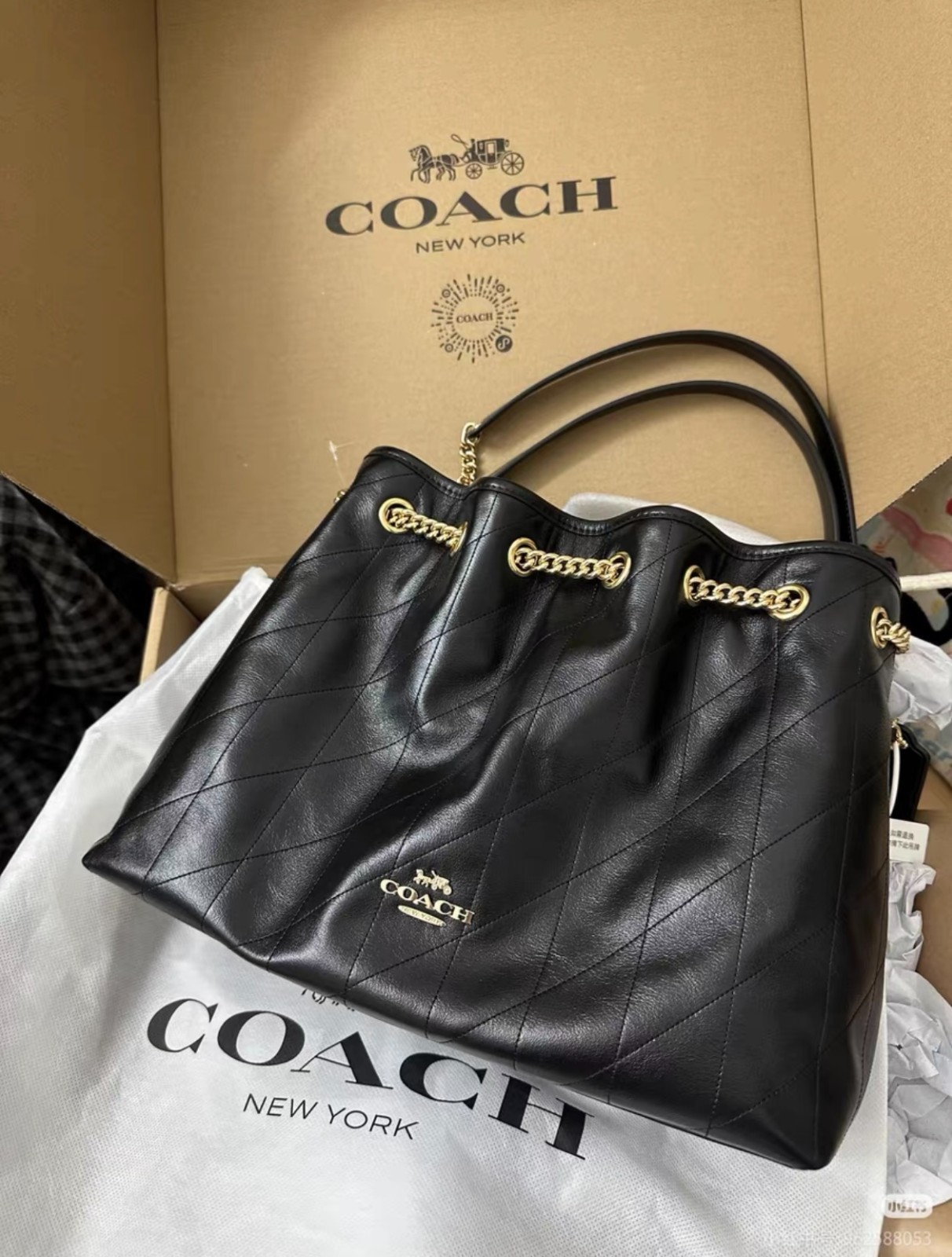 NWT Coach CDR00 Evelyn Shoulder Bag Black Quilted Leather Crescent Chain Strap