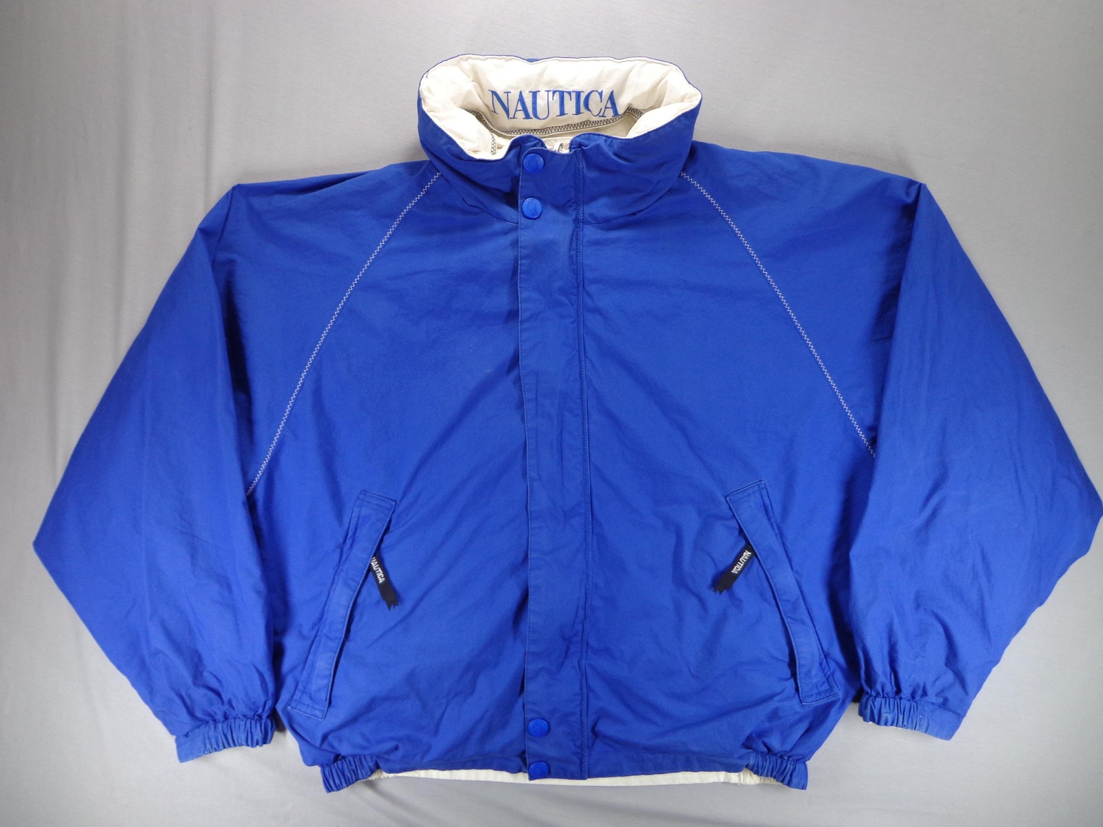 Vintage Nautica Sailing Jacket Mens XL Blue White Hooded Windbreaker Coat 90s