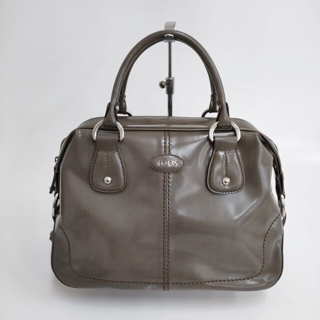 Tod’s Gray Patent leather Tote Boston Bag Women Zip Handbag 12.6in 8.7in 6.7in