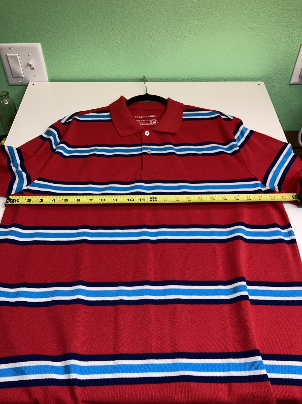 Saddlebred Mens Polo Shirt Large Red With Black Blue White Colorful Stripes
