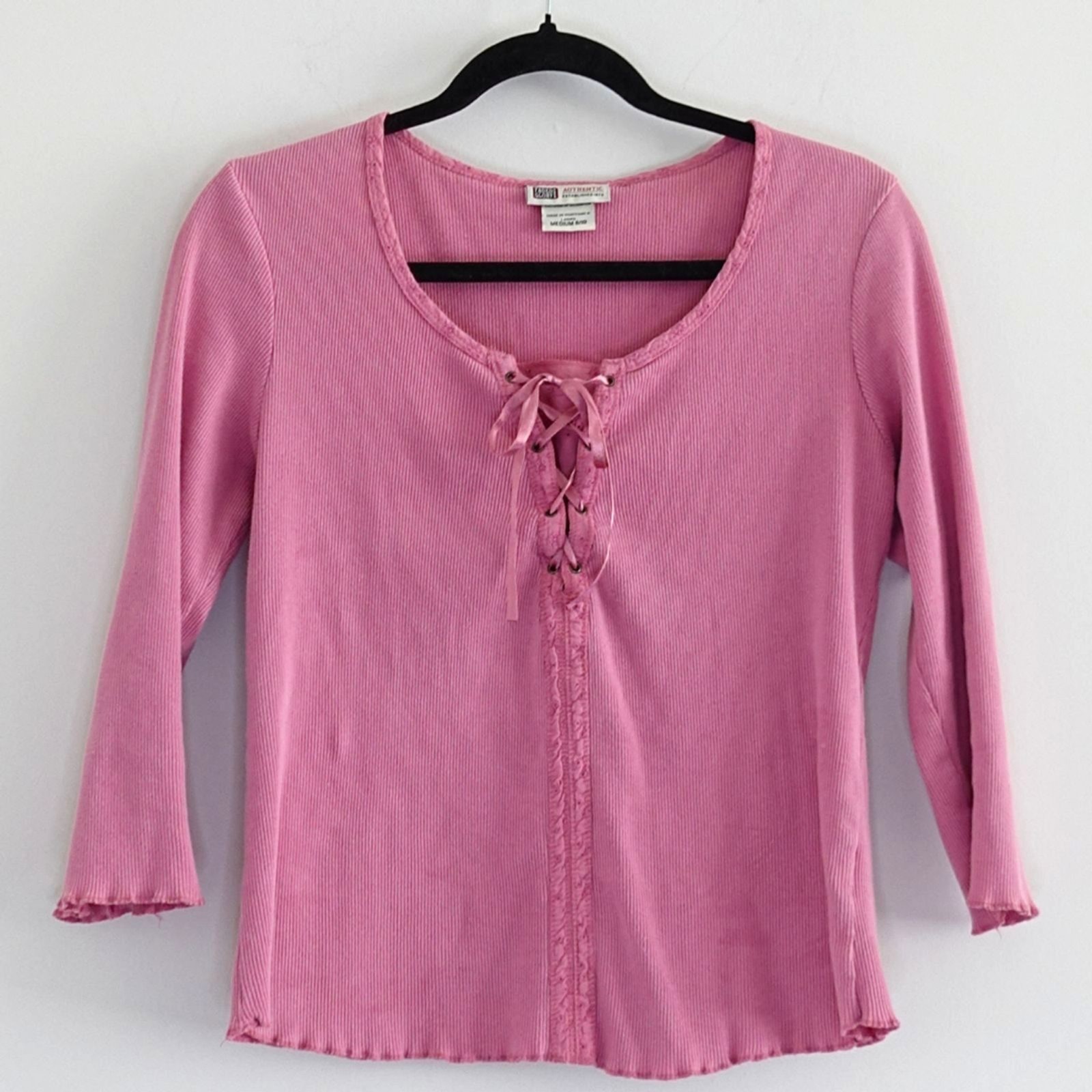 Vintage Y2K Faded Glory Light Pink Lace Up 3/4 Sleeve Milkmaid Blouse Size S