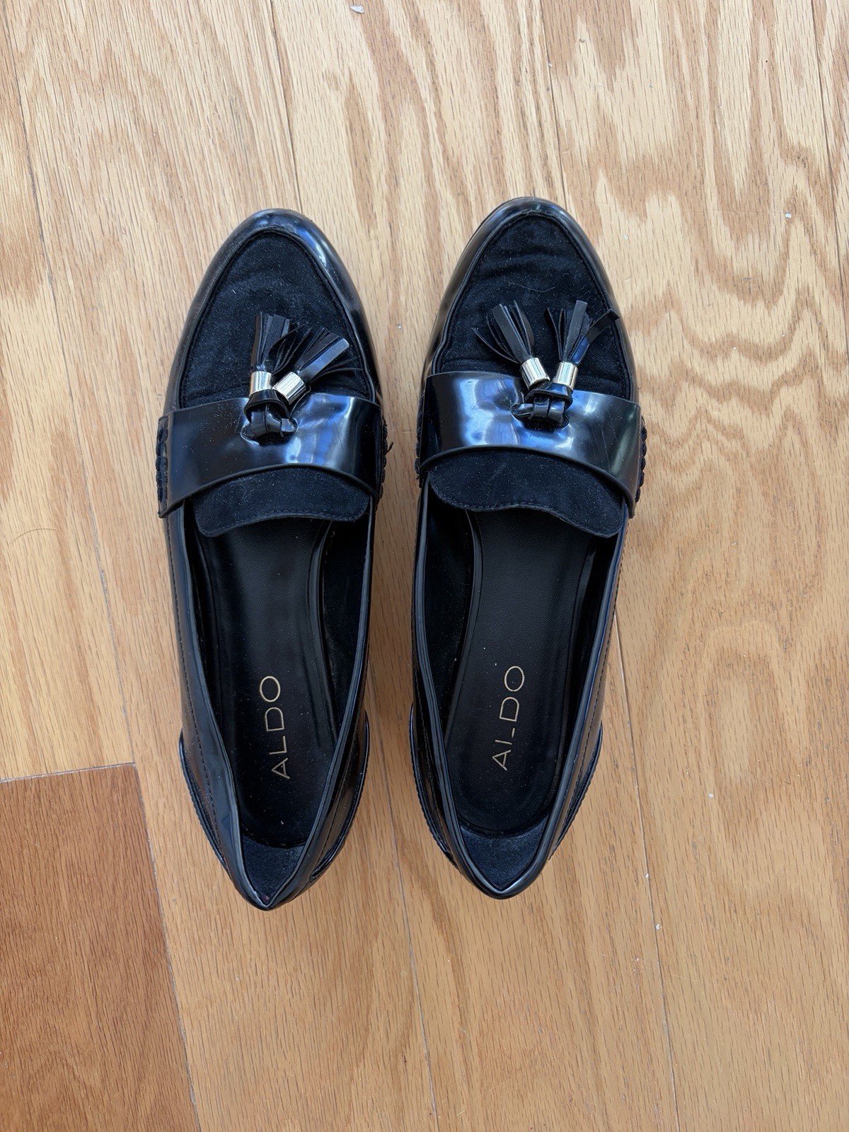 ALDO Women’s Black Tassel Slip-On Loafer Heels Round Toe Faux Leather