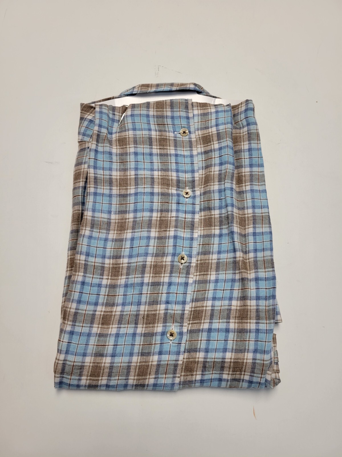 $285 New STENSTROMS Plaid Check Button LINEN SHIRT Men MEDIUM Blue Brown Fitted