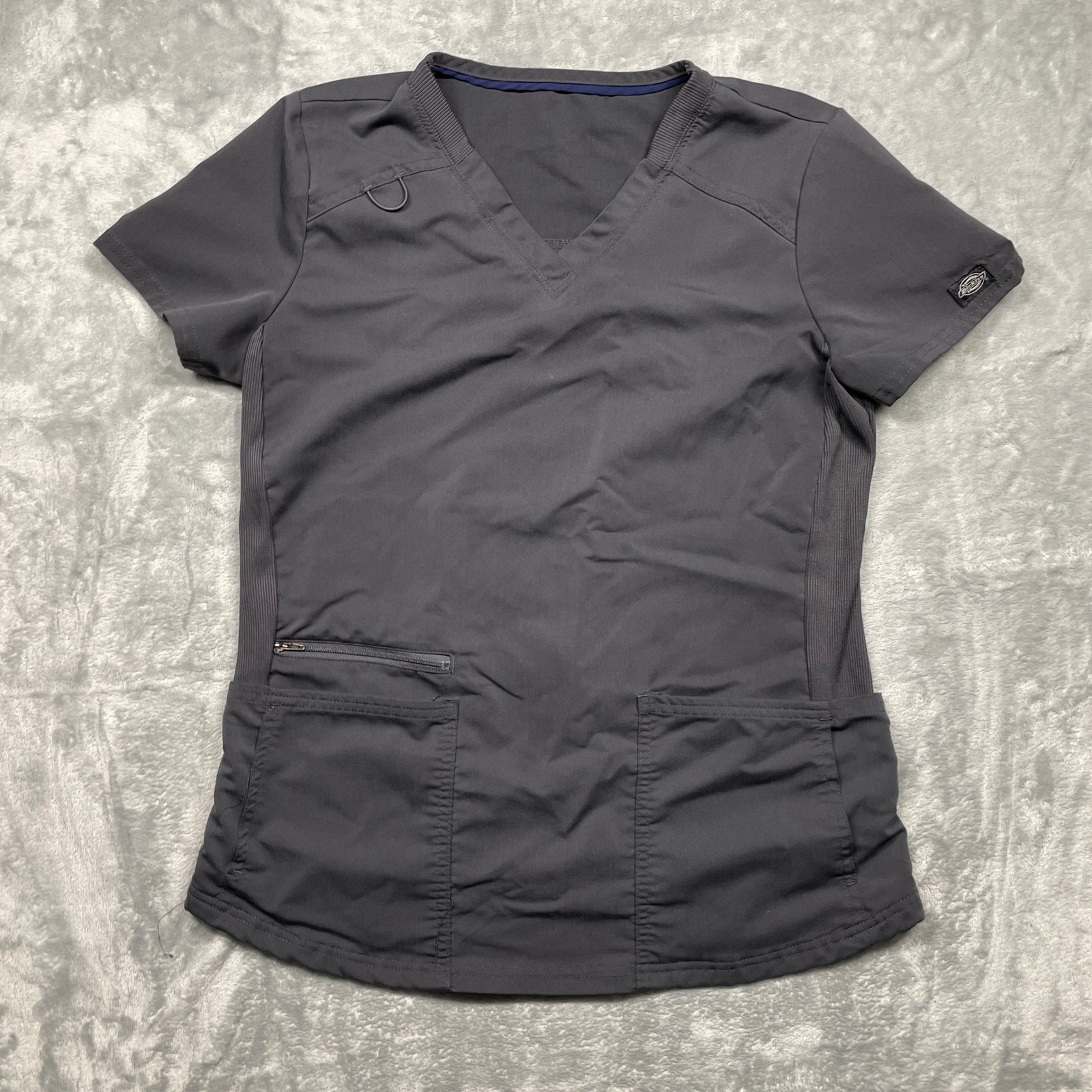 Dickies Scrub Top Women Small Gray V-Neck Rib Knit Side Panels Zipper Pocket