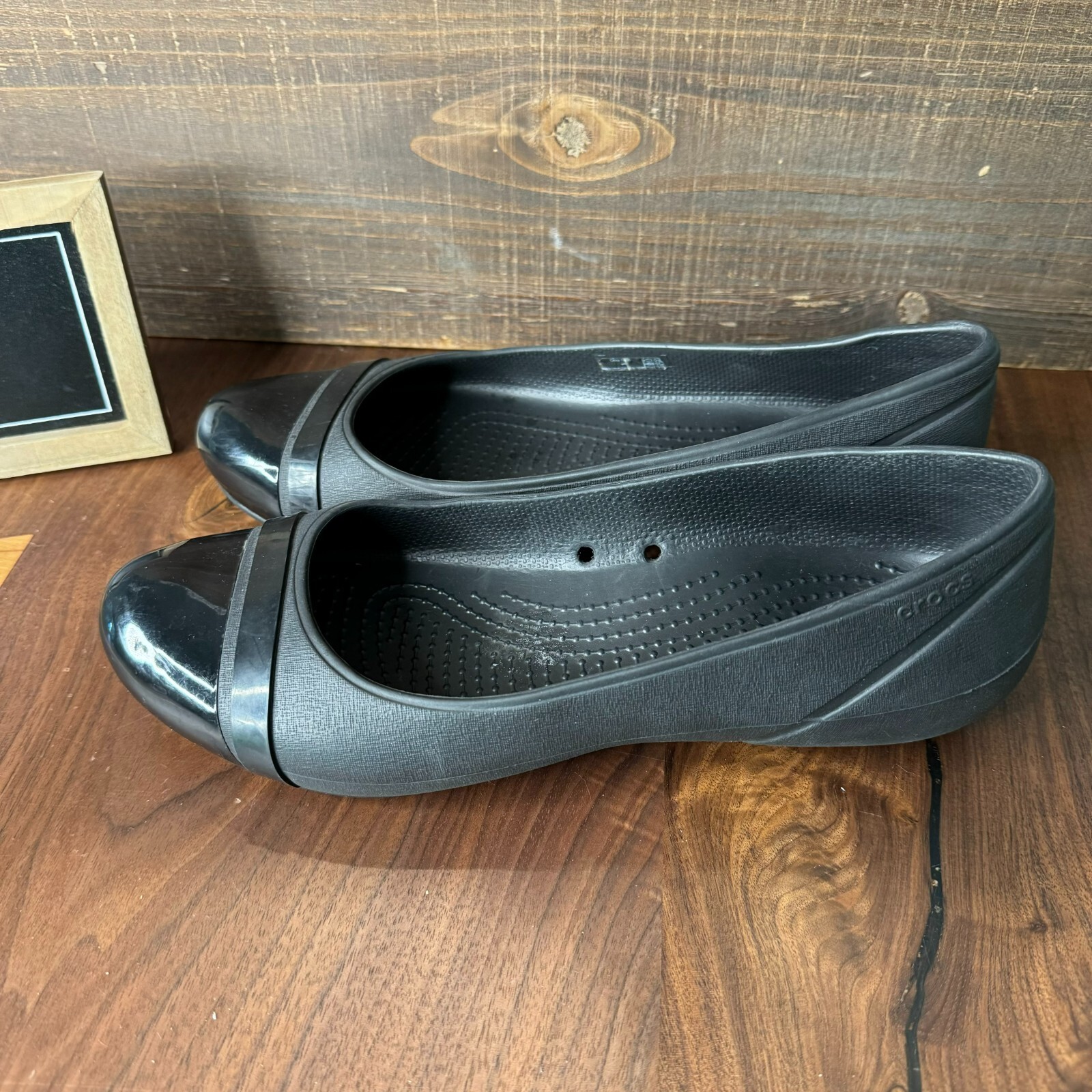 Womens Crocs Black Comfort Cap Toe Ballet Flats Shoes Slip On Size 9 M GUC