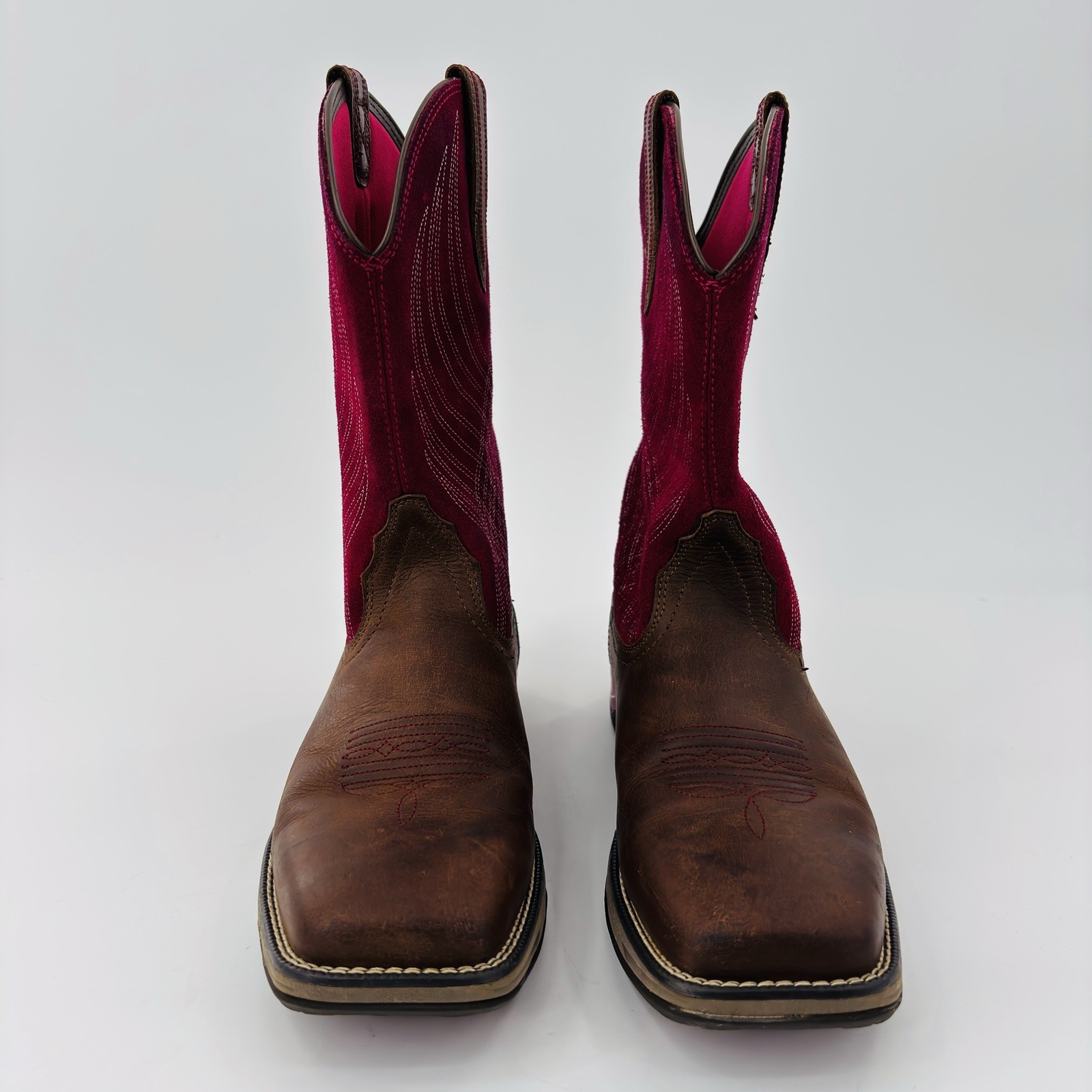 Womens 9 B Ariat Anthem Pink Brown Leather Square Toe Cowboy Boot Slip Resistant