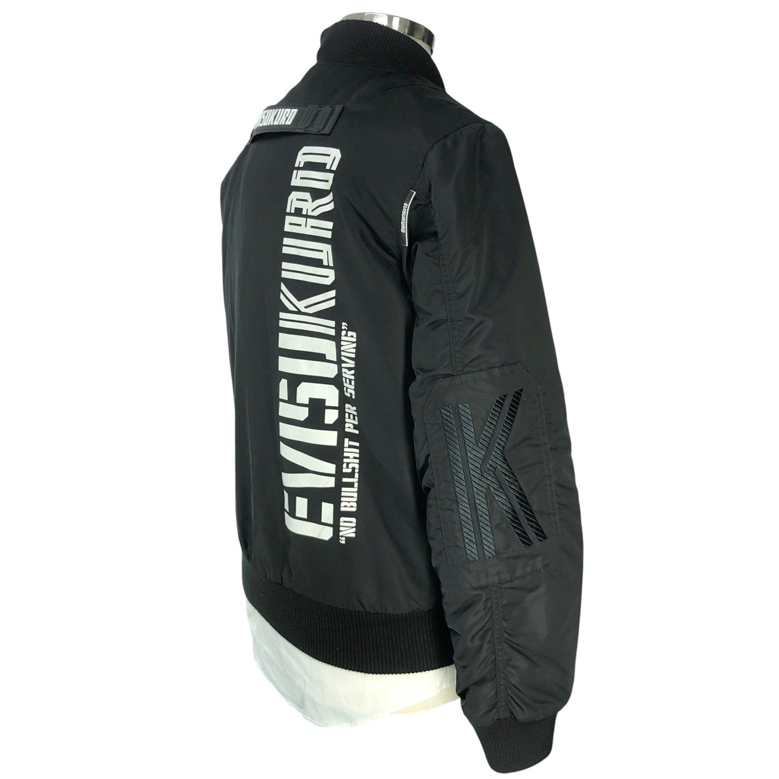 EVISUKURO Flight Jacket Mens M Black Graphic Zip Quilted Liner Streetwear Patch