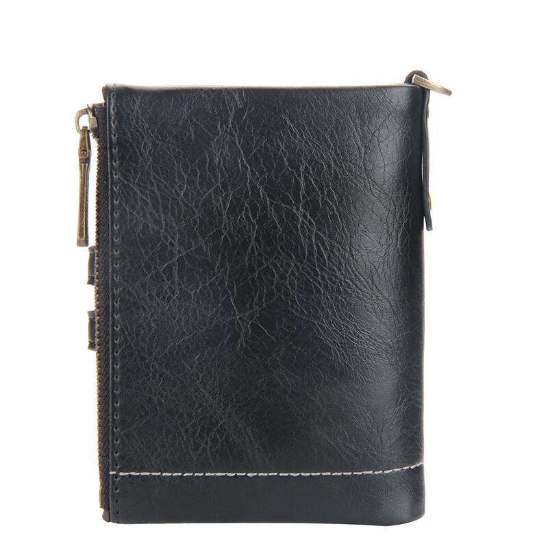 Mens Wallet Genuine Leather RFID Bifold with Chain and Double Zipper Coin Pocket