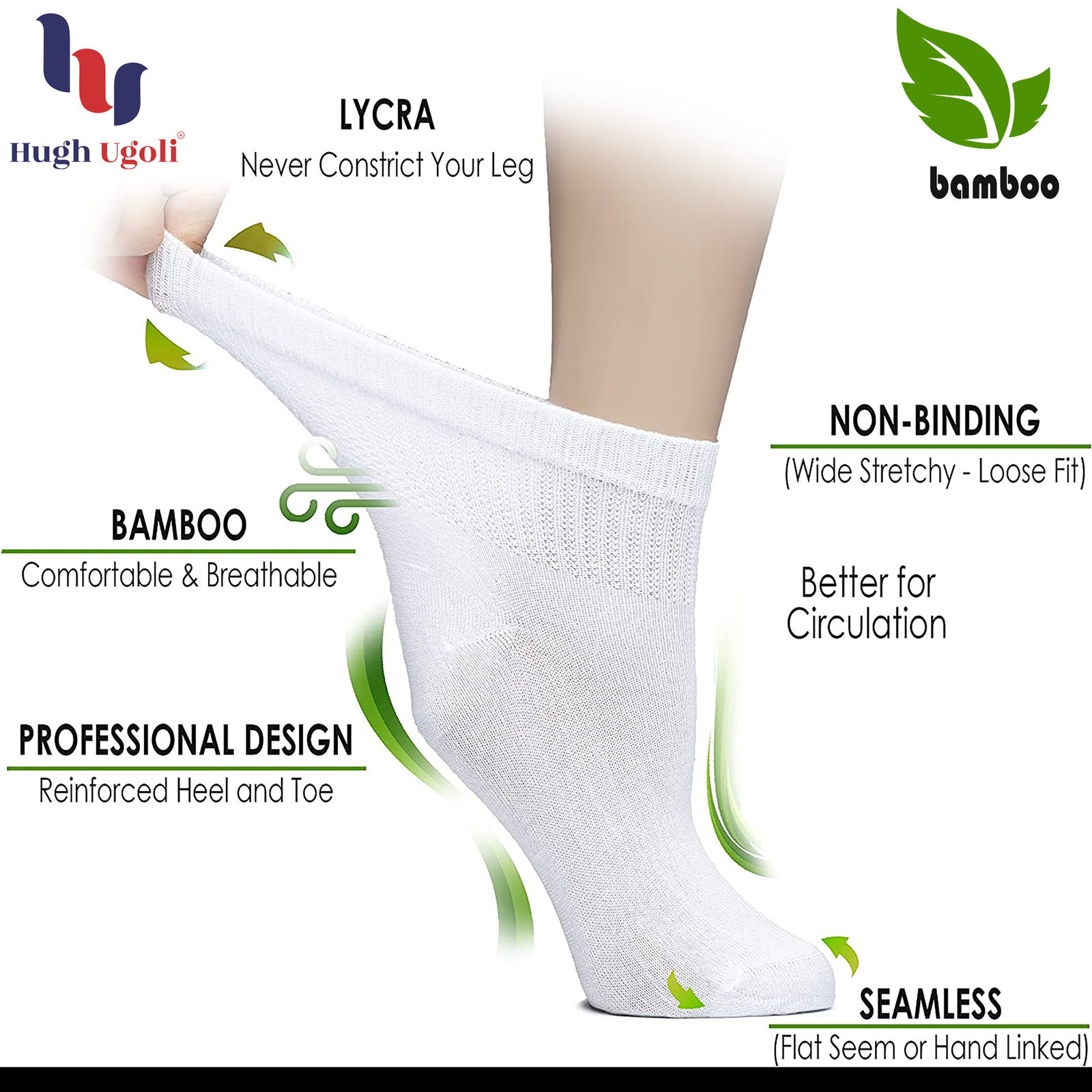 Hugh Ugoli Women’s Bamboo Diabetic Crew Thin Socks, 4 or 8 Pairs