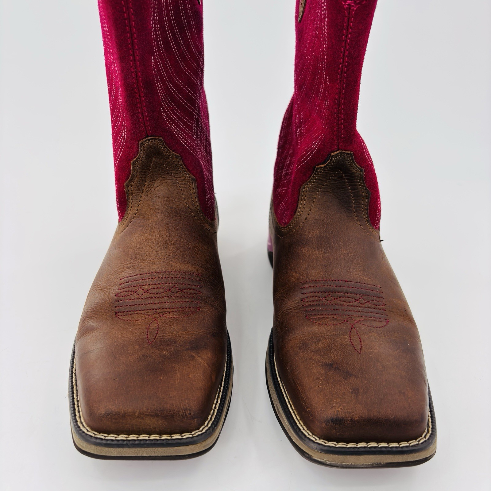 Womens 9 B Ariat Anthem Pink Brown Leather Square Toe Cowboy Boot Slip Resistant