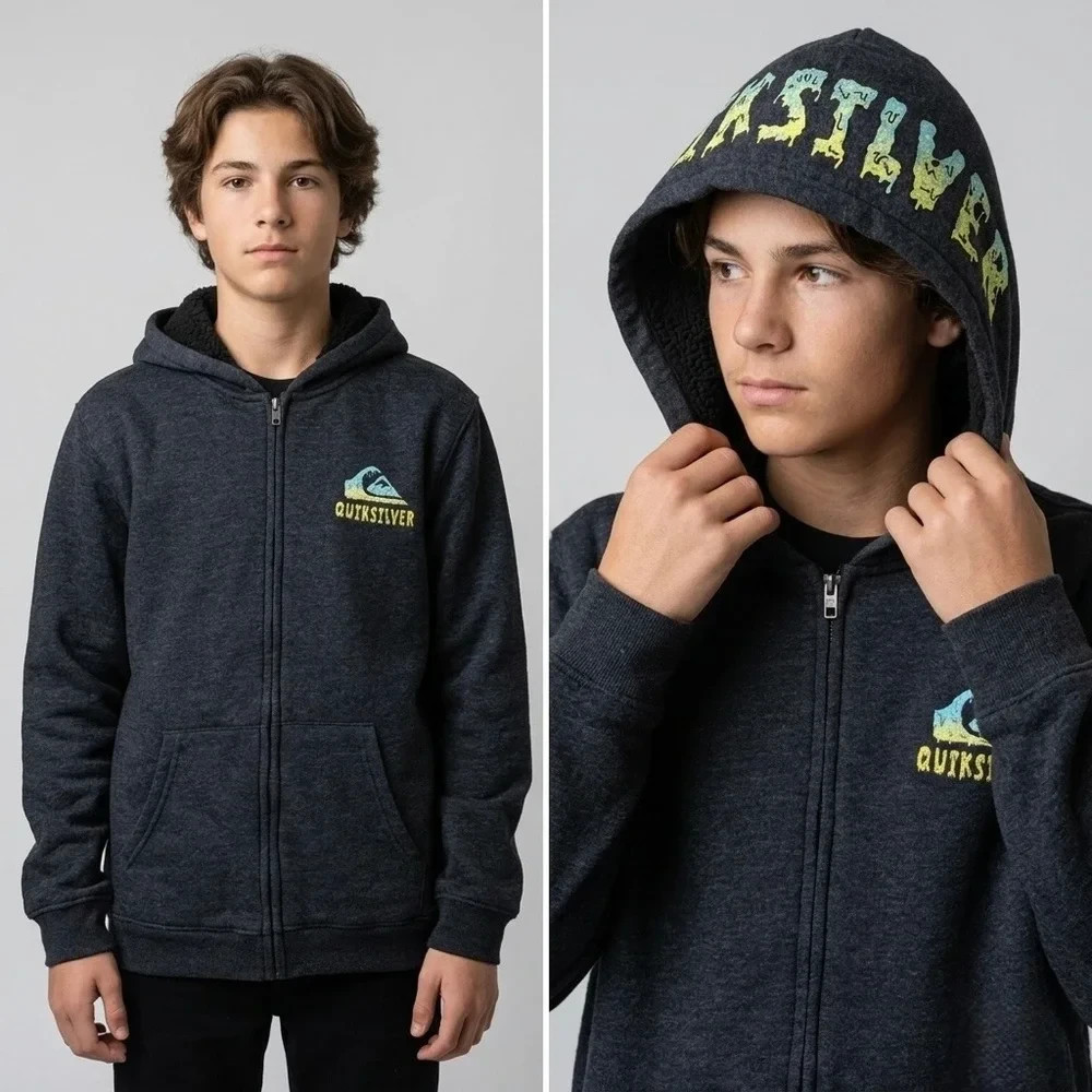 Boys Youth Quicksilver Zip Up Front Sherpa Lined Hoodie BLACK Size XS5/6