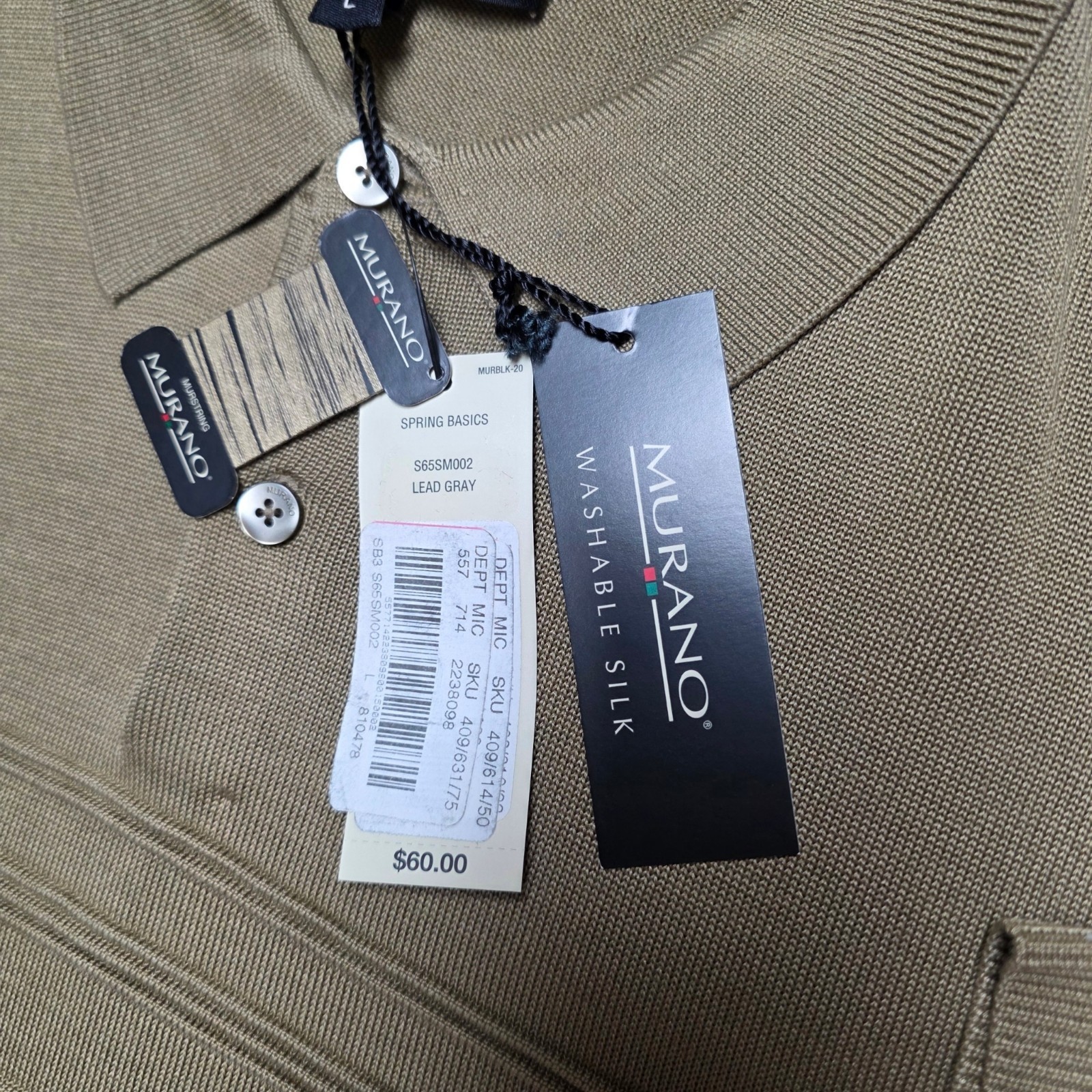 ​Murano Men’s Large Polo Shirt Lead Gray Washable 100% Silk Short Sleeve NWT