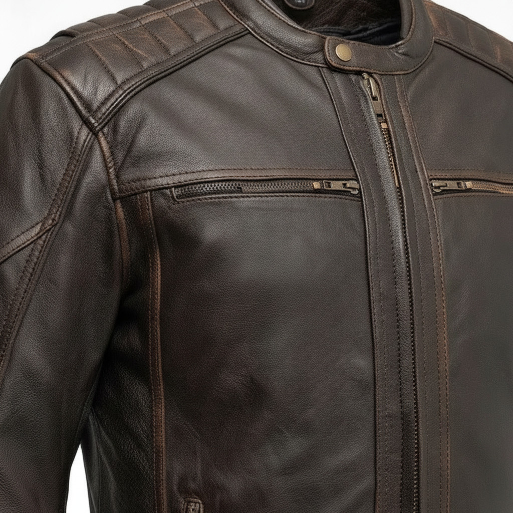 Men’s Distressed Brown Real Leather Motorcycle Biker Jacket Cafe Racer Vintage