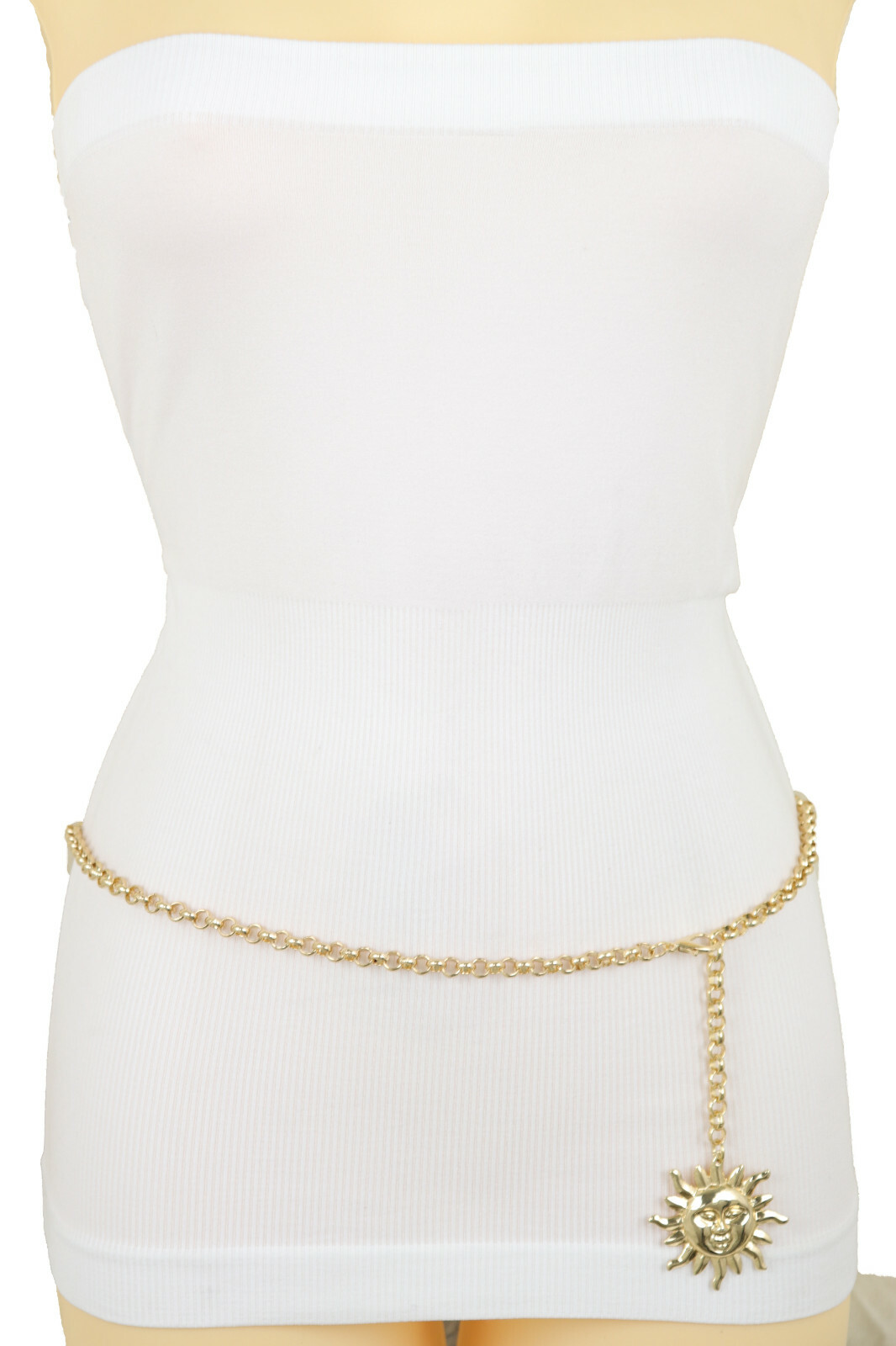 Women Gold Color Metal Chain Links Narrow Belt Adorable Style Sun Charm XS S M