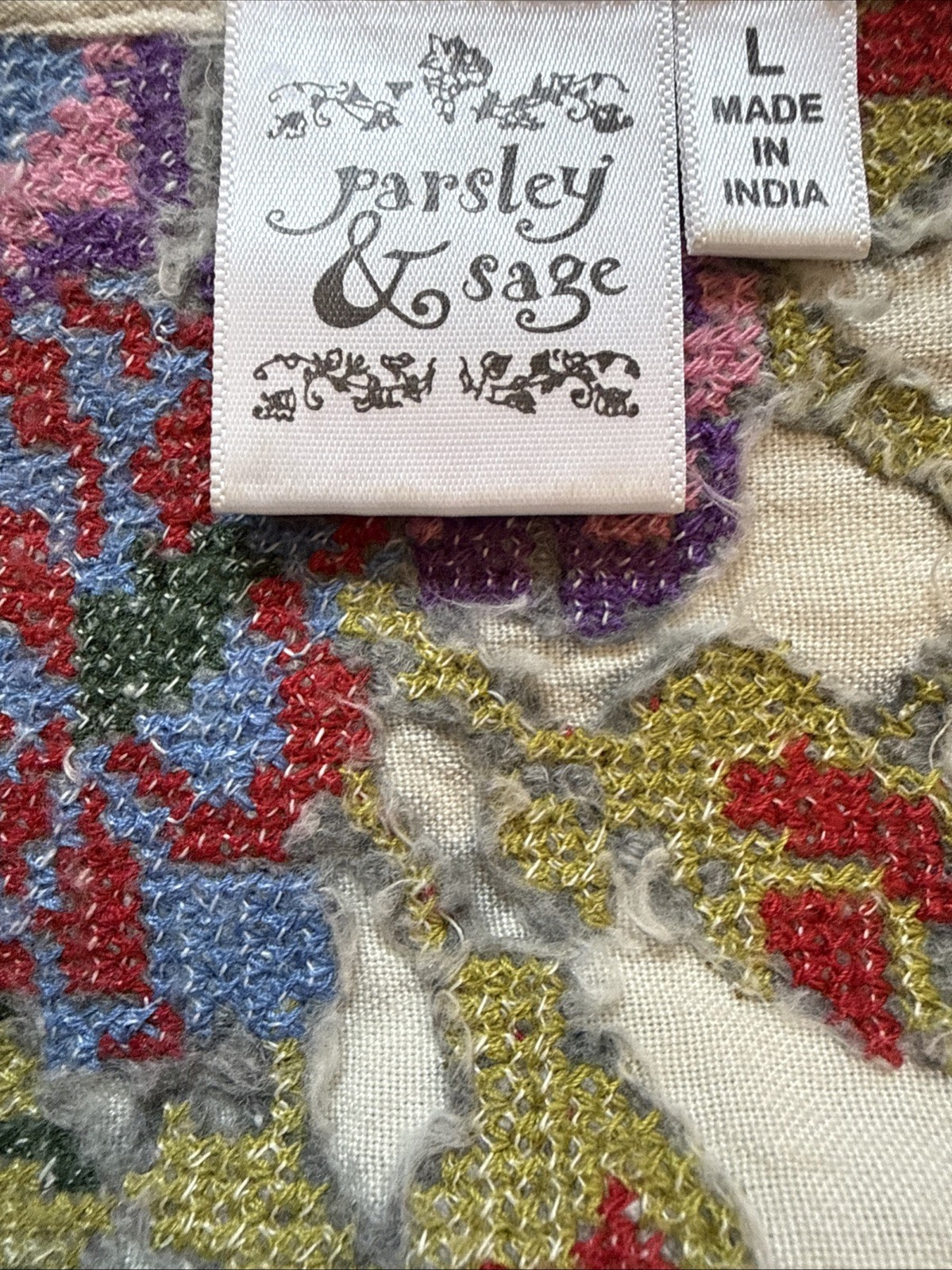 Parsley and Sage Cross Stitch Floral Bohemian Peasant Blouse Tunic Size Large