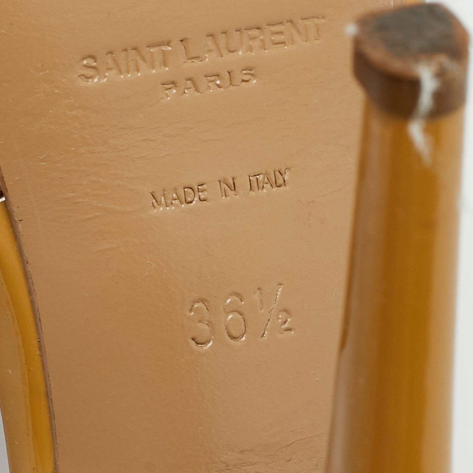 Saint Laurent Paris Tribute Size 36.5 Beige Patent Leather Platform Sandals