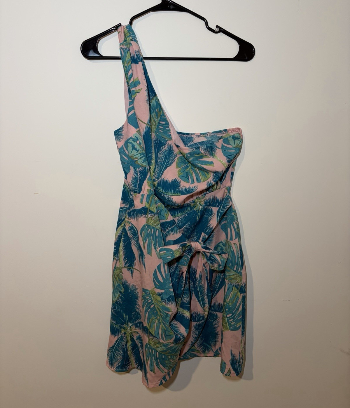 Women’s Tropical Print Mini Dress S Pink/Green One Shoulder Sleeveless Tie
