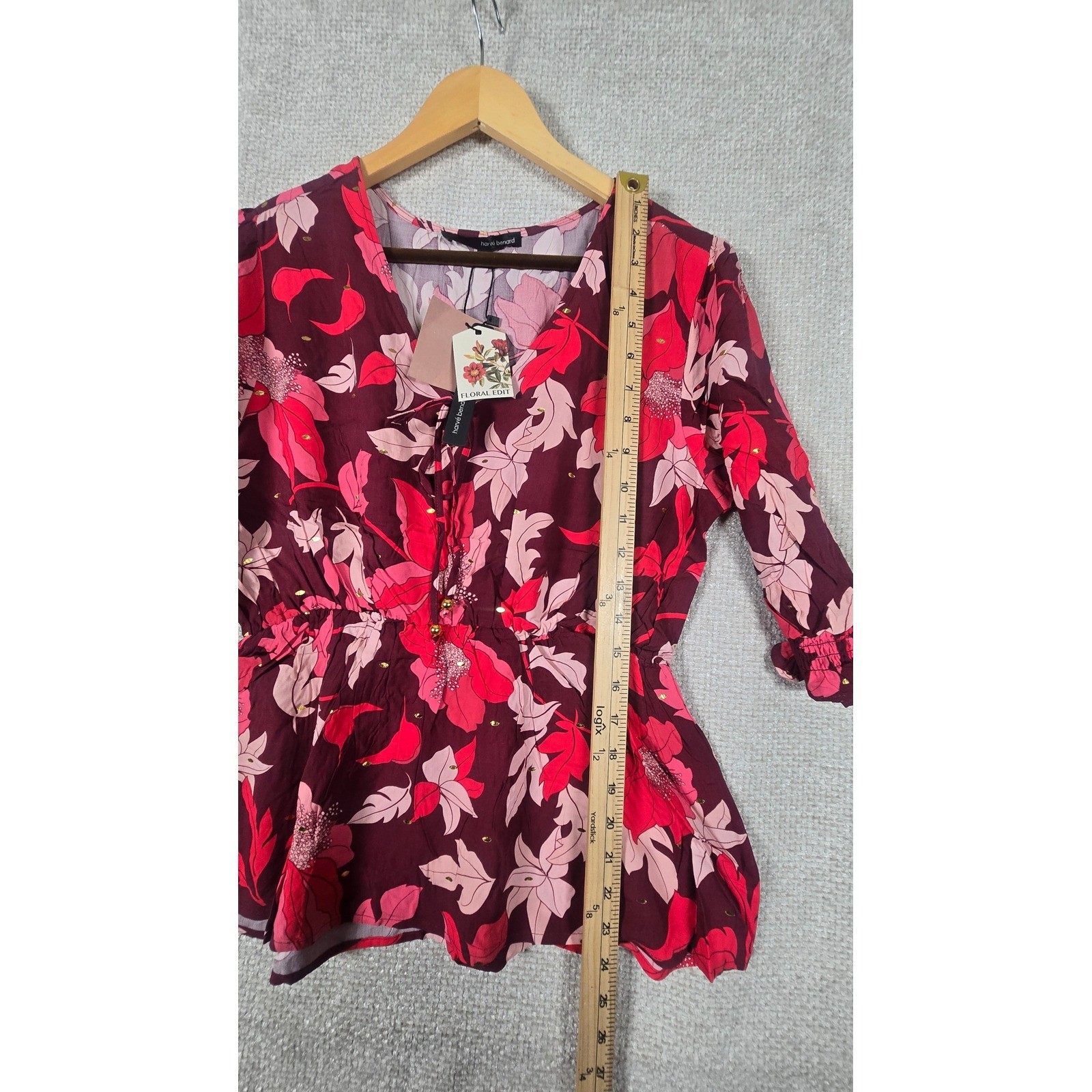 Herve Benard Womens Floral Peplum Top Burgundy Pink V-Neck Blouse M New
