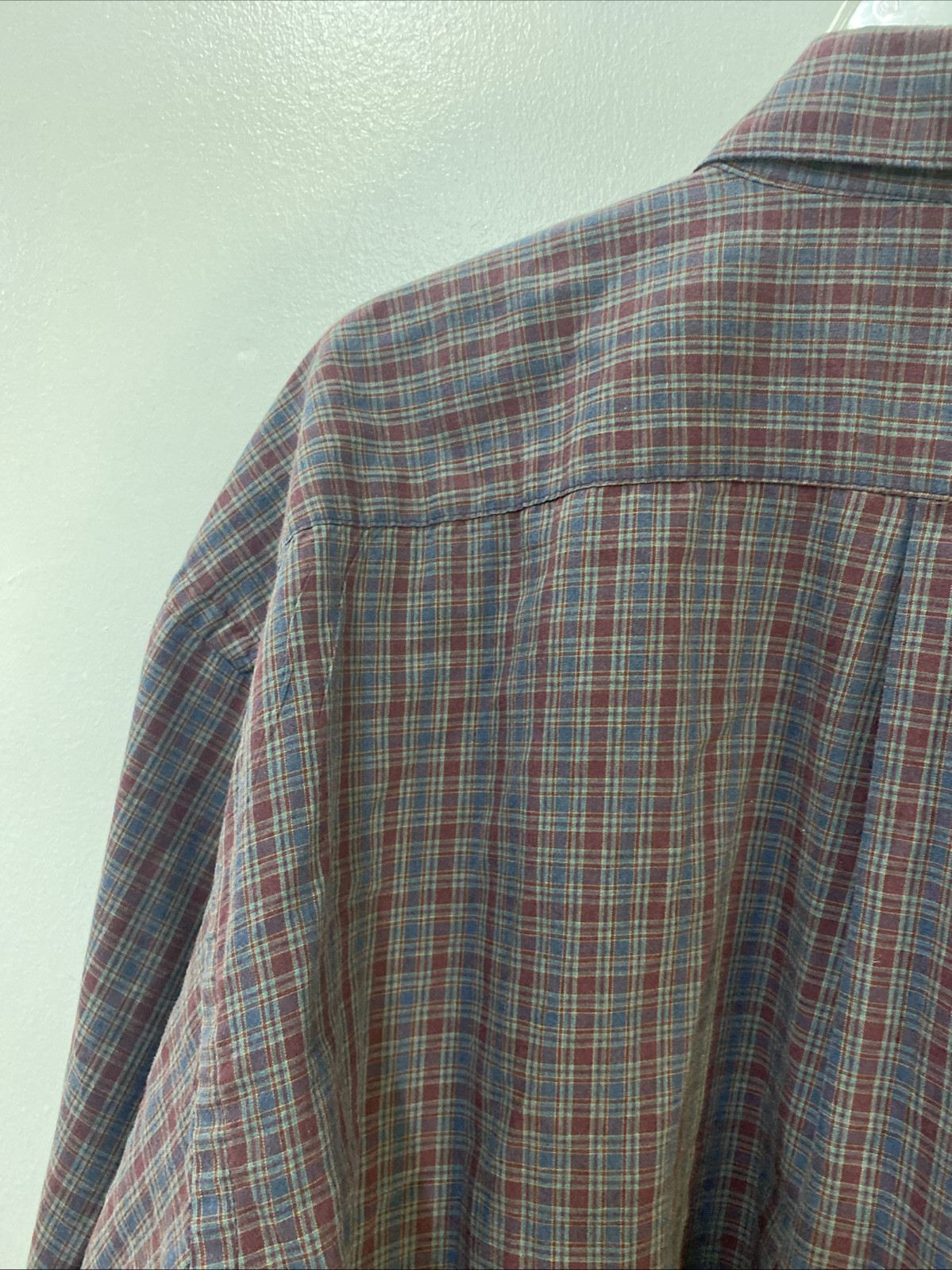 Men’s Deansgate Dress Shirt-Red/Blue Plaid Long Sleeve, Pocket Size XL