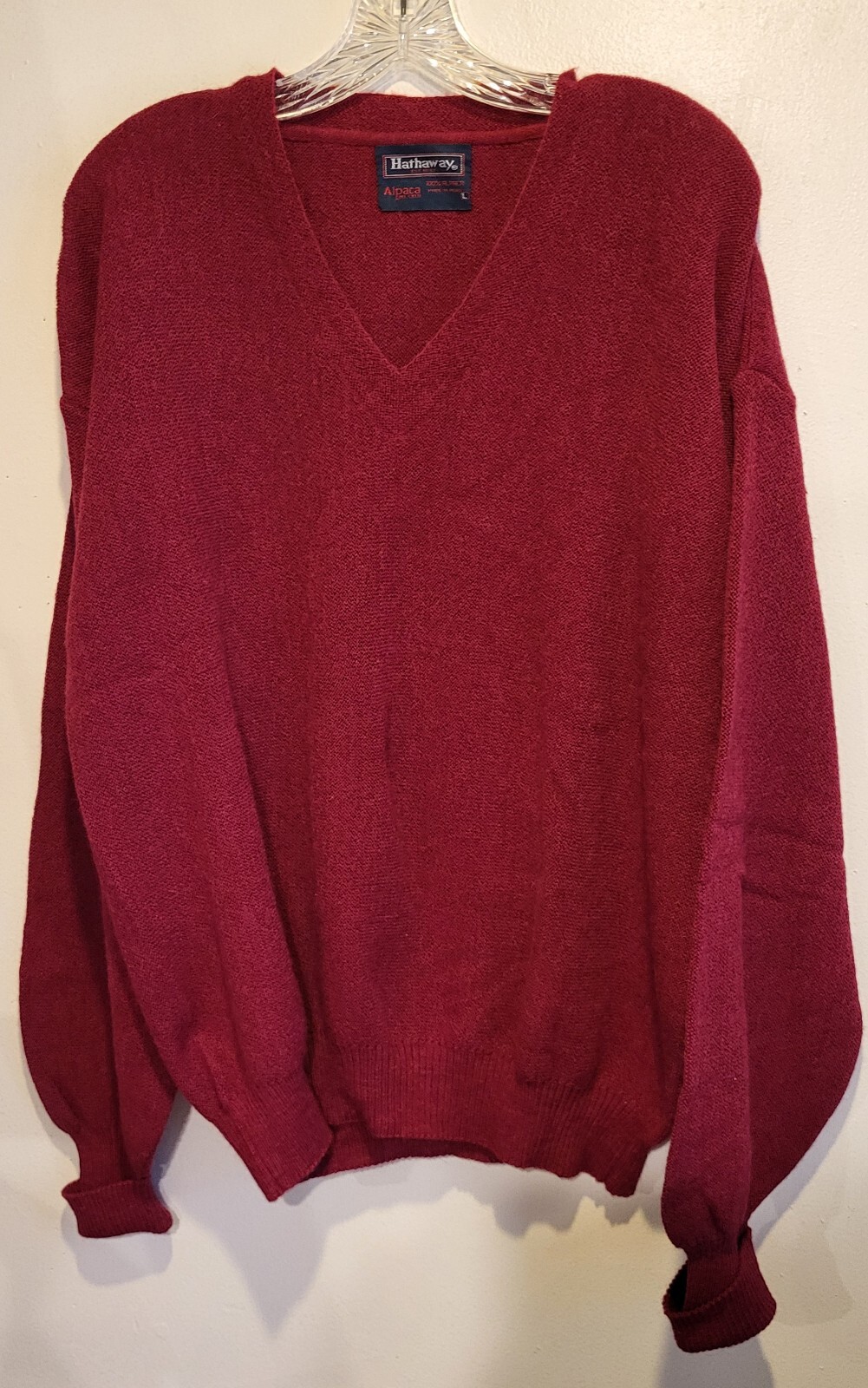 Hathaway Mens Large 100% Alpaca V-Neck Pullover Sweater Maroon 90s Vintage