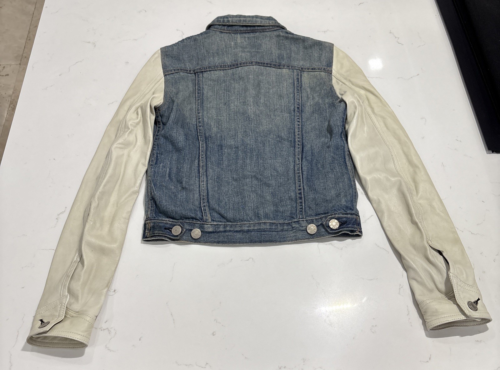 RAG & BONE Women’s Light Blue Denim Jacket With Cream Leather Sleeves Size XS