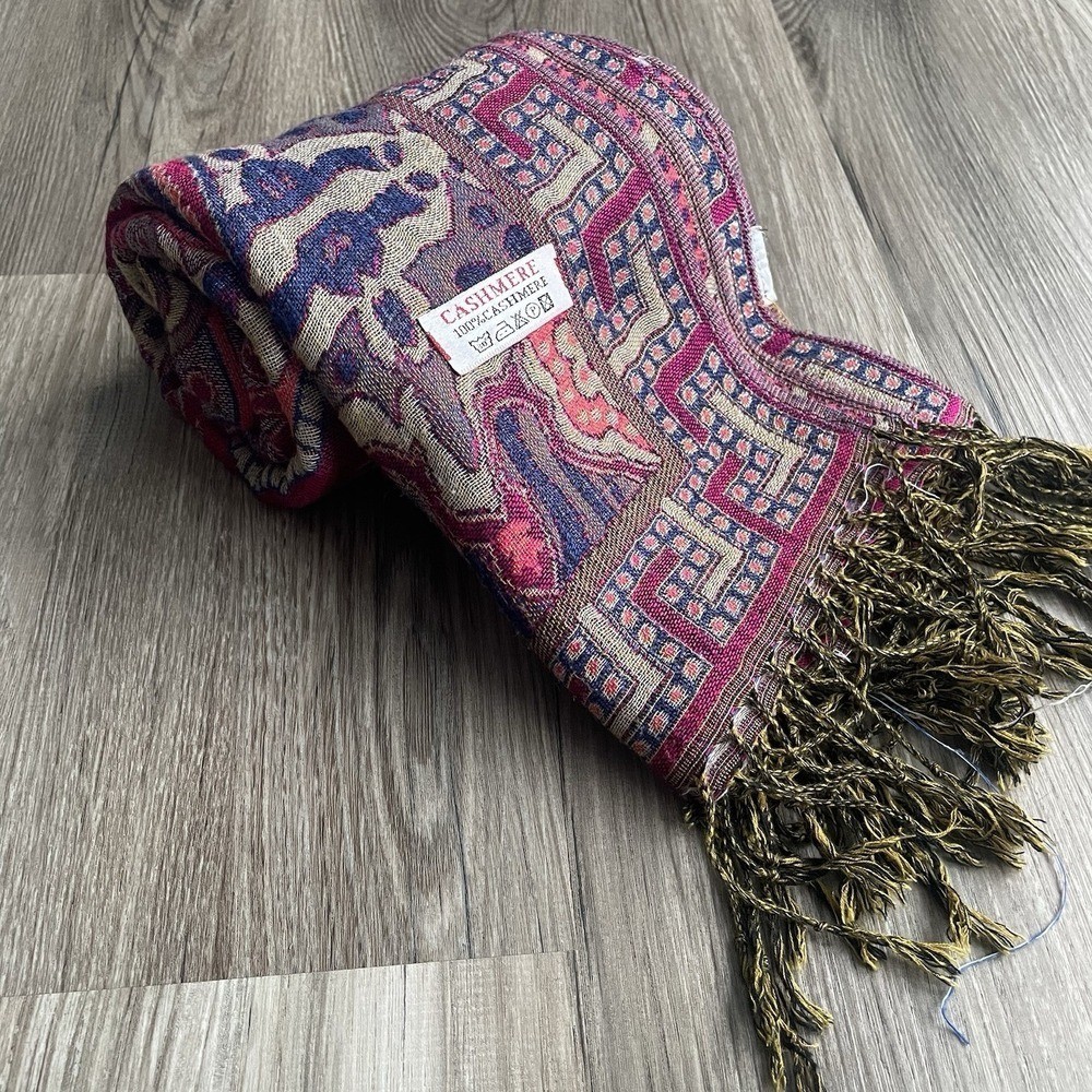 100% Cashmere Pashmina Shawl paisley boho tasselled Warm soft lux Purple