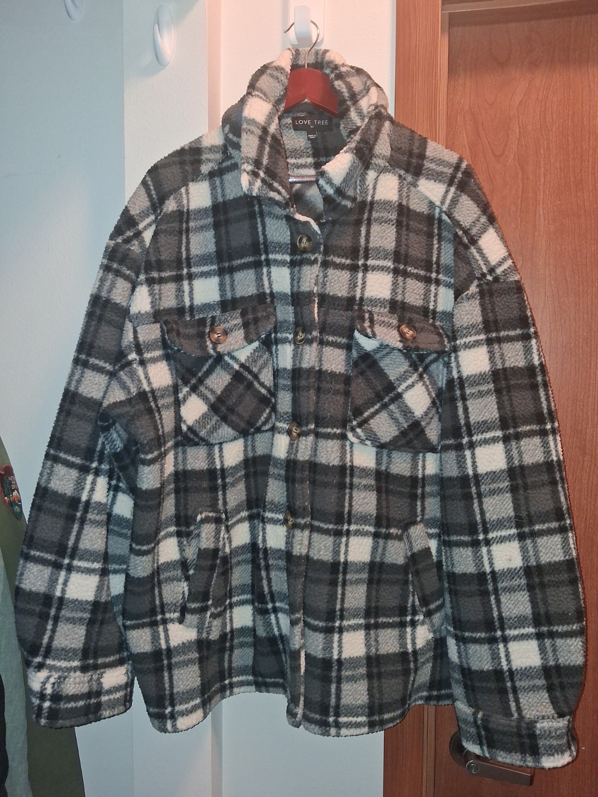 Women’s Gray/Black/White Plaid Button Jacket w/ Pockets, Collared, Mid-Length M