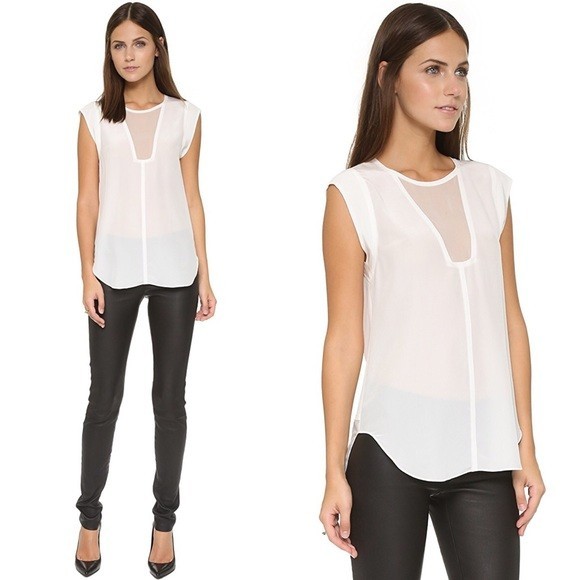 Rebecca Taylor Charlie Sheer Panel 100% Silk Top Blouse Ivory Sz 2 NWOT B23