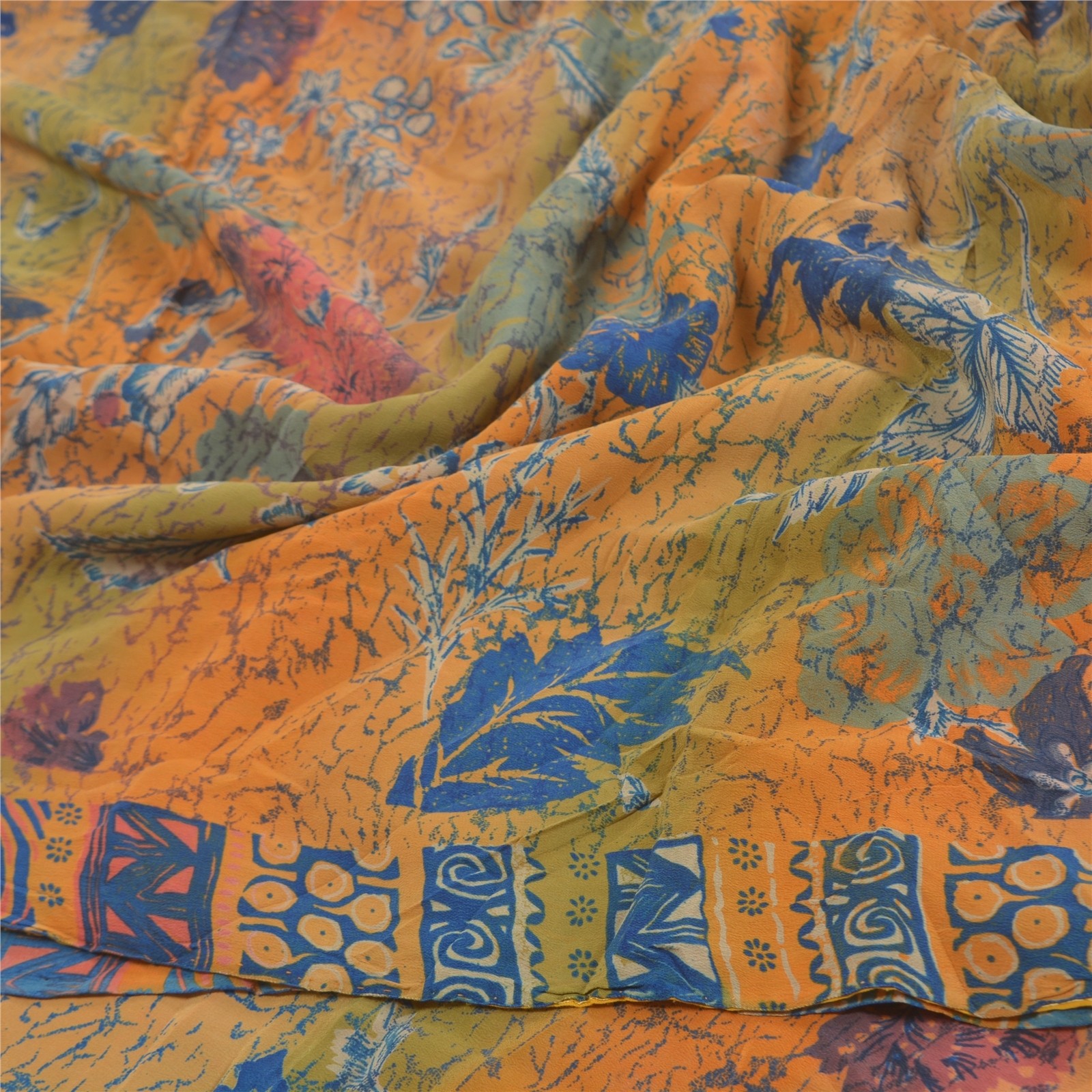 Sanskriti Vintage Saree Multicolor 100% Pure Crepe Floral Print 5+YD Sari Craft